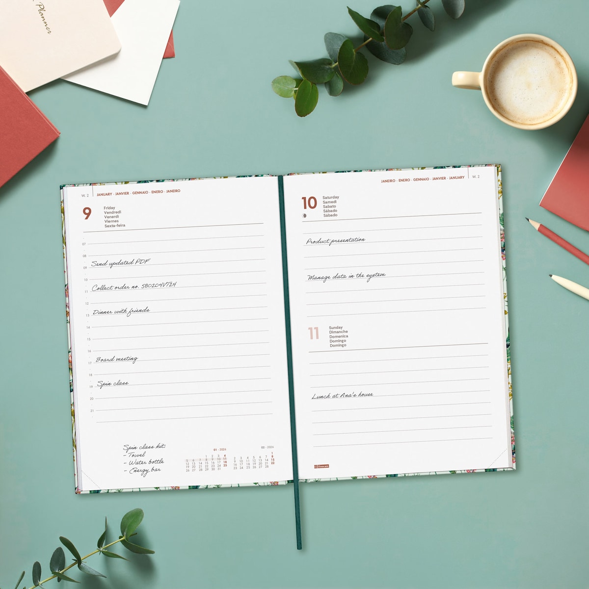 Agenda encuadernada año 2026 Dynamic Porto Design Y10-140x204 mm 1 Día Página Botanic Finocam multicolor internacional multilingüe 3