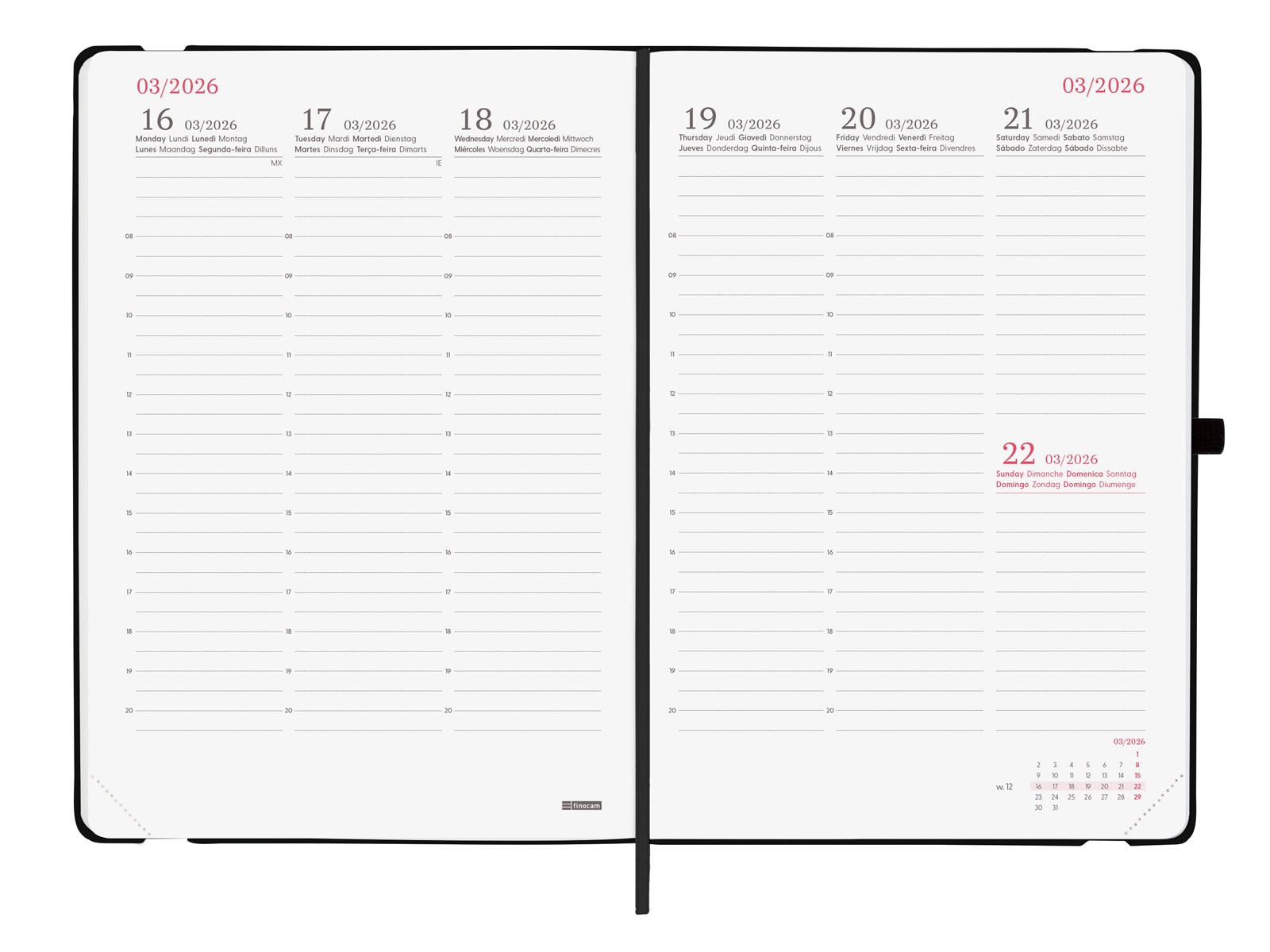 Agenda Ano 2026 Capri FA5-148x210 mm Semana Vista Vertical Finocam Internacional Multilingüe - Preto Preto-4