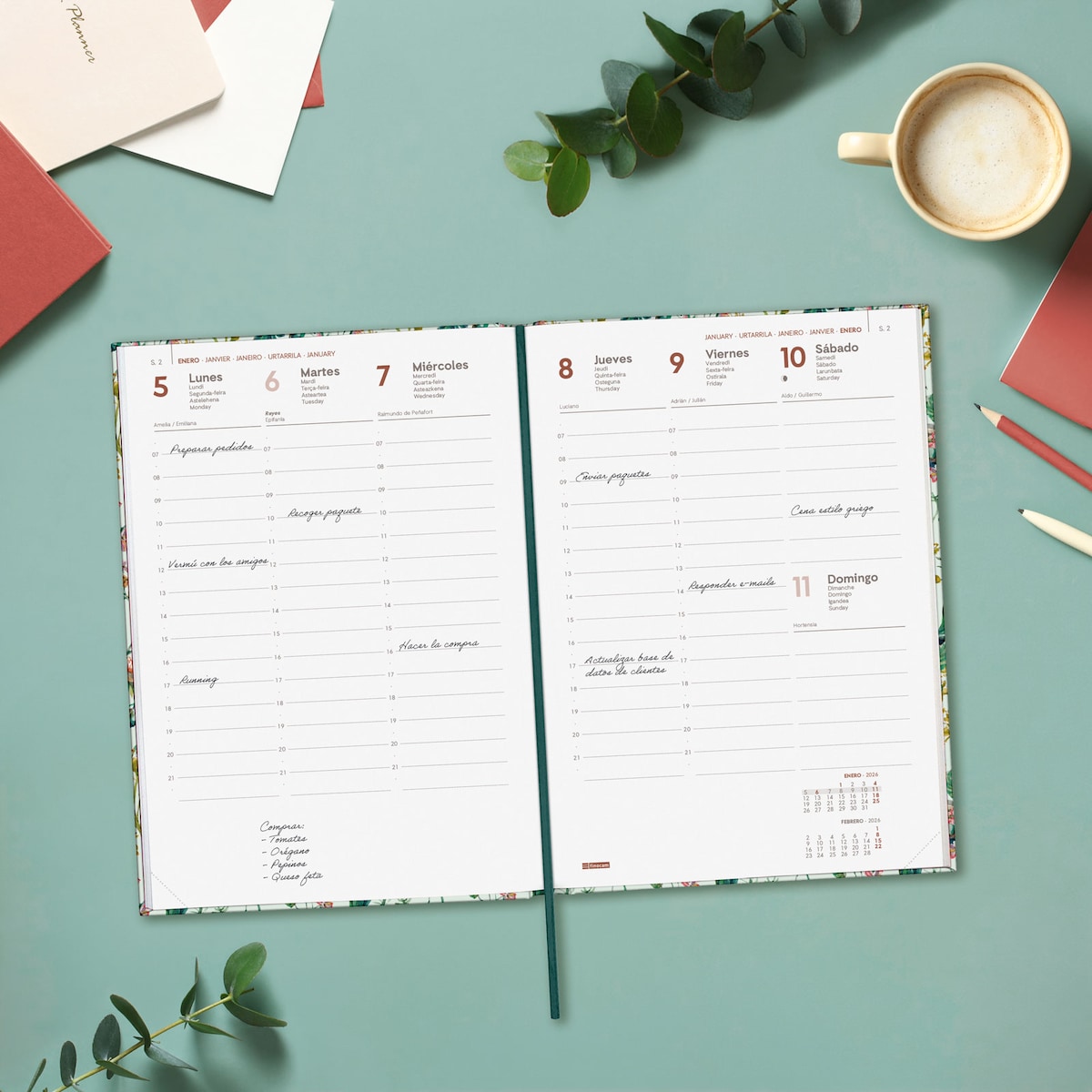 Agenda encuadernada año 2026 Dynamic Porto Design Y10-140x204 mm Semana Vista Vertical Botanic Finocam multicolor castellano multilingüe Multicolor-3