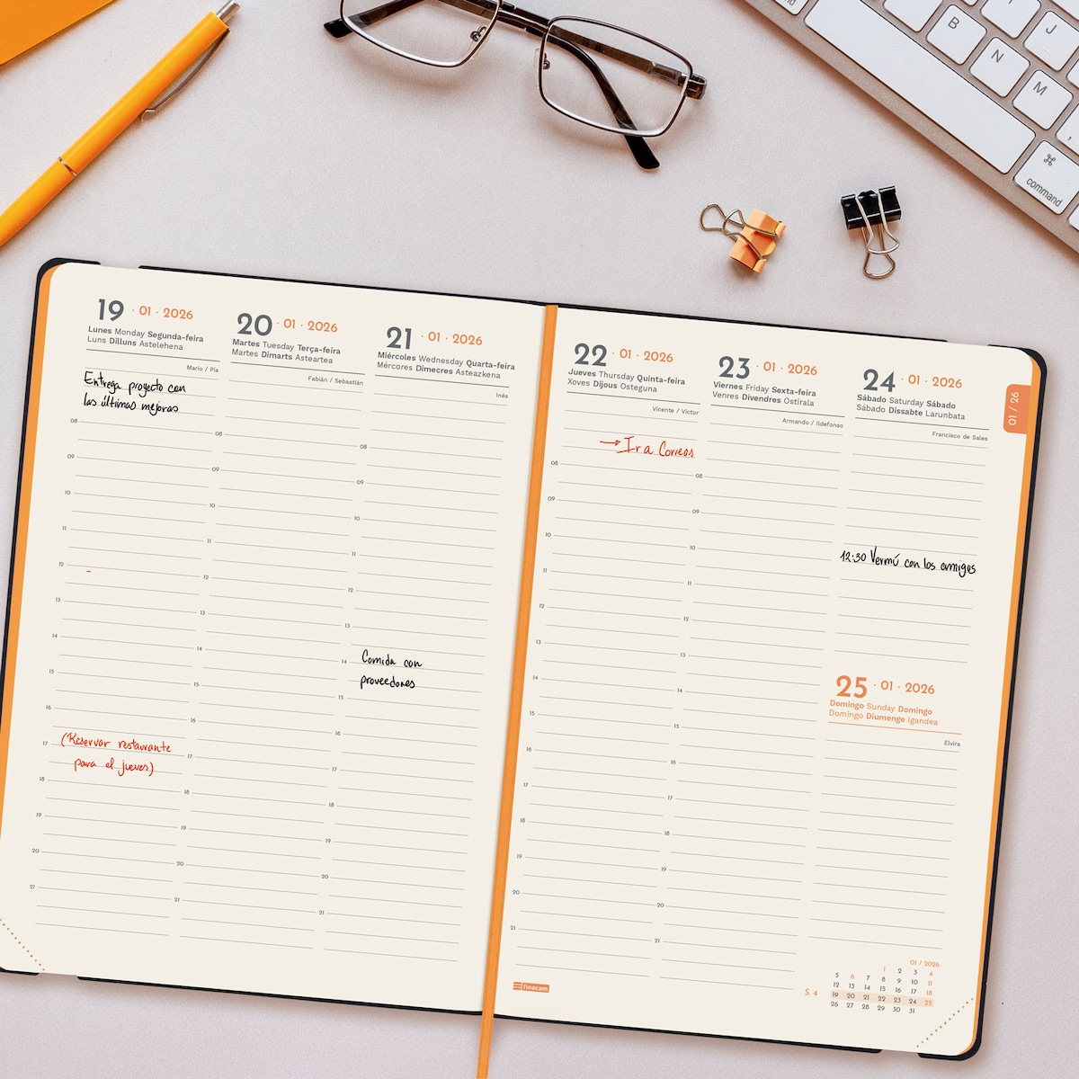 Agenda encuadernada año 2026 Flexi Lisa FA5-148x210 mm Semana Vista Vertical Finocam azul castellano multilingüe Azul-3