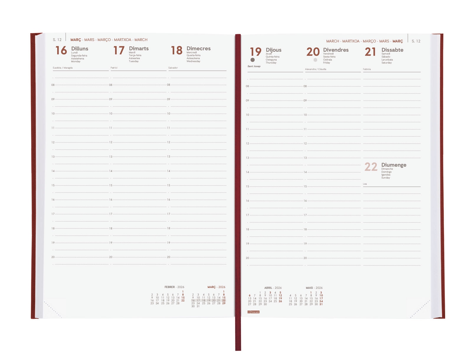 Agenda encuadernada año 2026 Dynamic Milano Y11-165x240 mm Semana Vista Vertical Finocam burdeos catalán multilingüe Burdeos-4