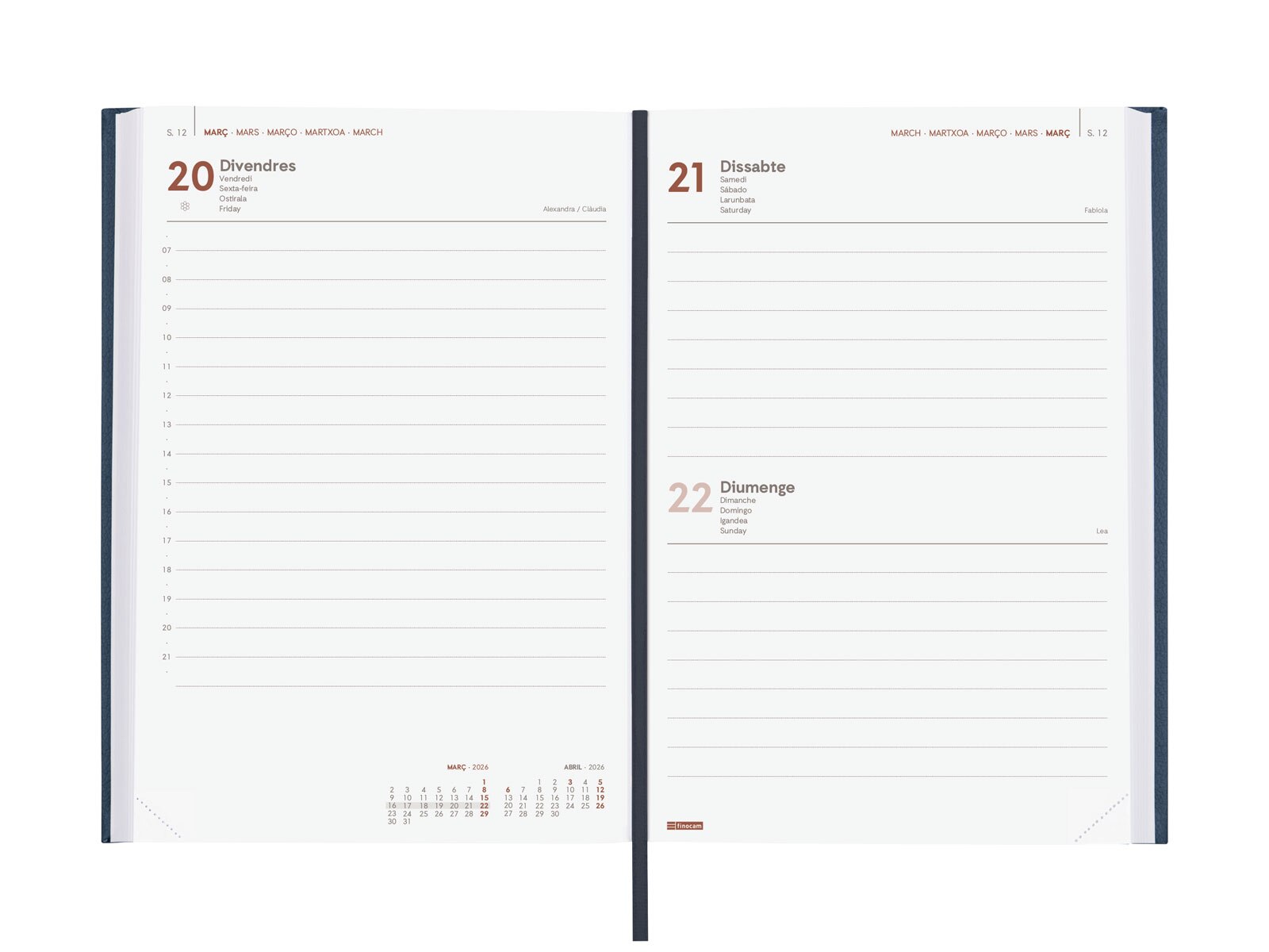 Agenda encuadernada año 2026 Dynamic Milano Y10-140x204 mm 1 Día Página Finocam azul catalán multilingüe 4