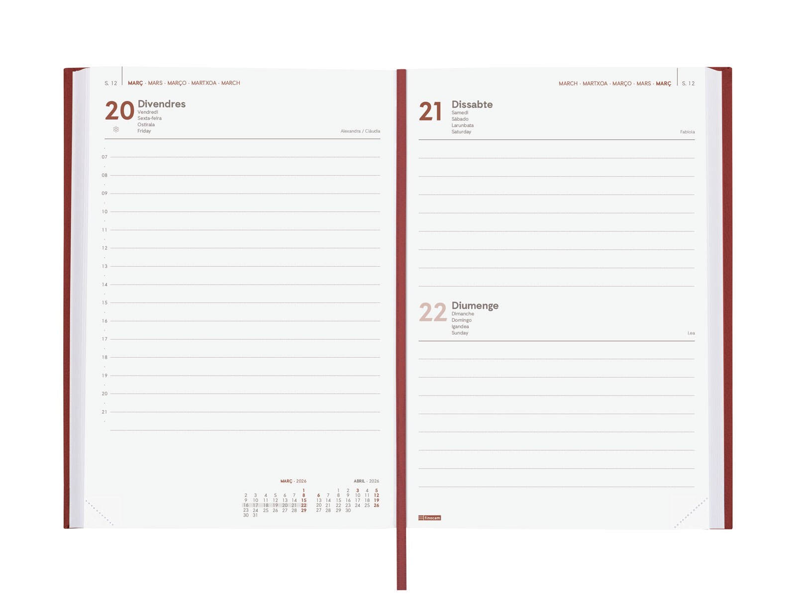 Agenda encuadernada año 2026 Dynamic Milano Y10-140x204 mm 1 Día Página Finocam burdeos catalán multilingüe 4