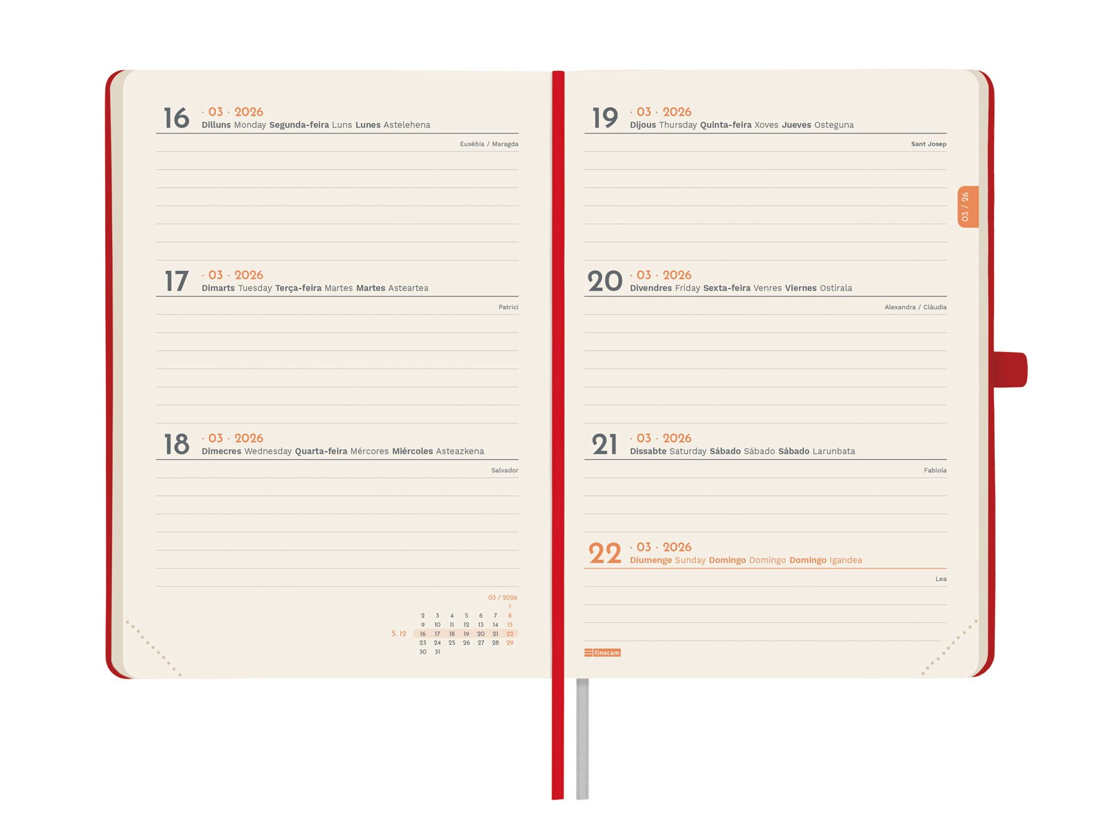 Agenda encuadernada año 2026 Mínimal Textura M4-118x168 mm Semana Vista Horizontal Finocam rojo catalán multilingüe Rojo-4