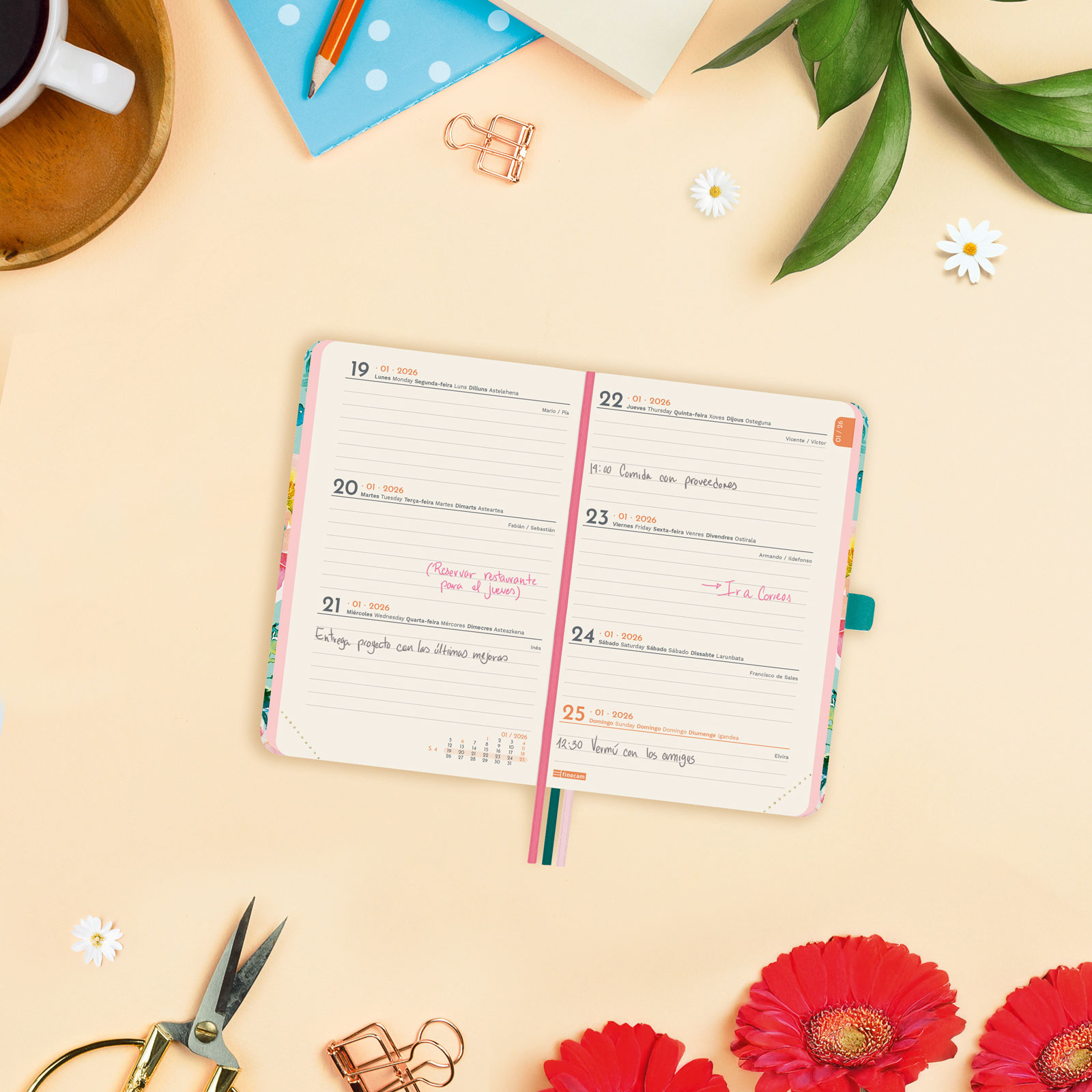 Agenda encuadernada año 2026 Mínimal Design M2-82x127 mm Semana Vista Horizontal Ahora Finocam multicolor castellano multilingüe Multicolor-3