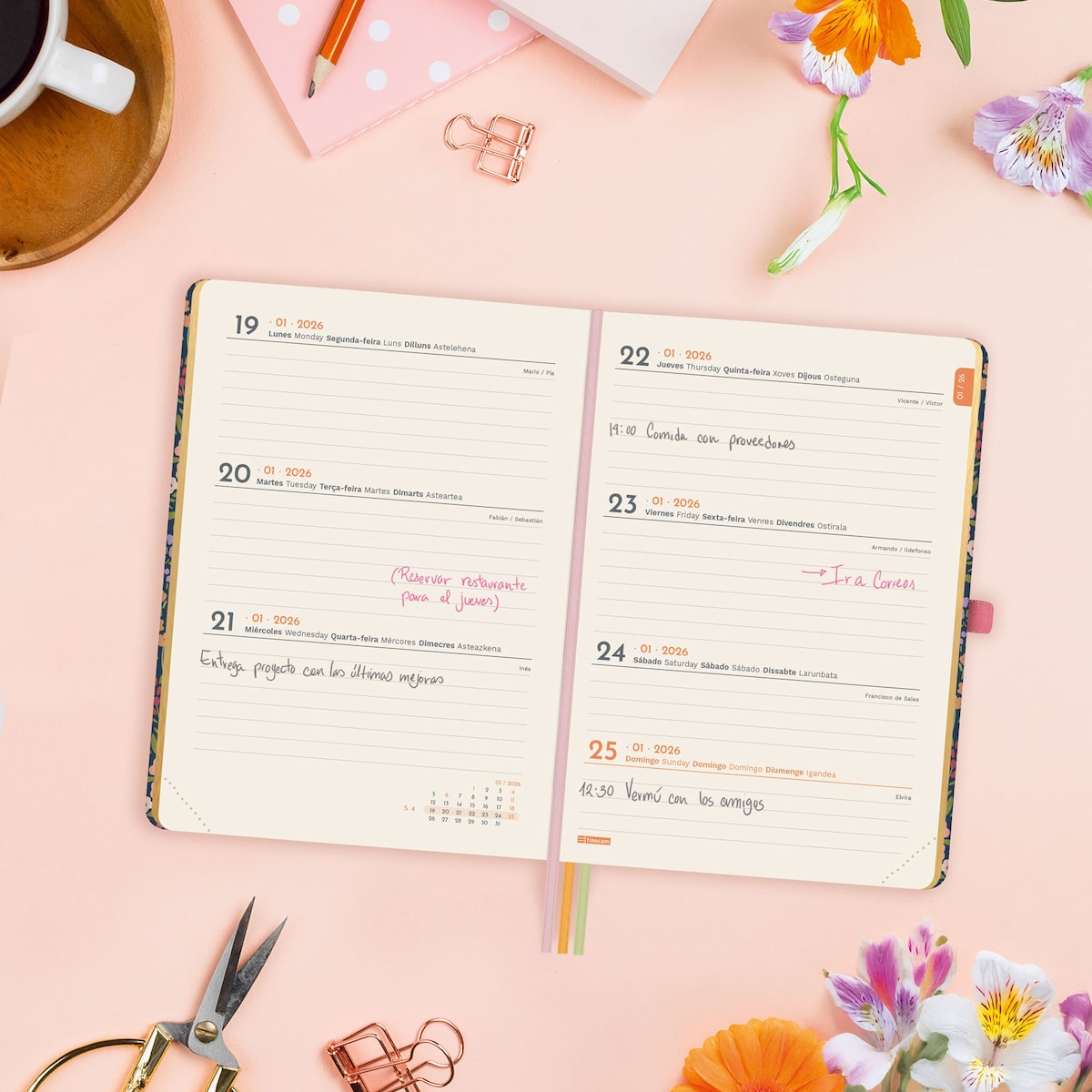 Agenda encuadernada año 2026 Mínimal Design M4-118x168 mm Semana Vista Horizontal Flora Finocam multicolor castellano multilingüe Multicolor-3