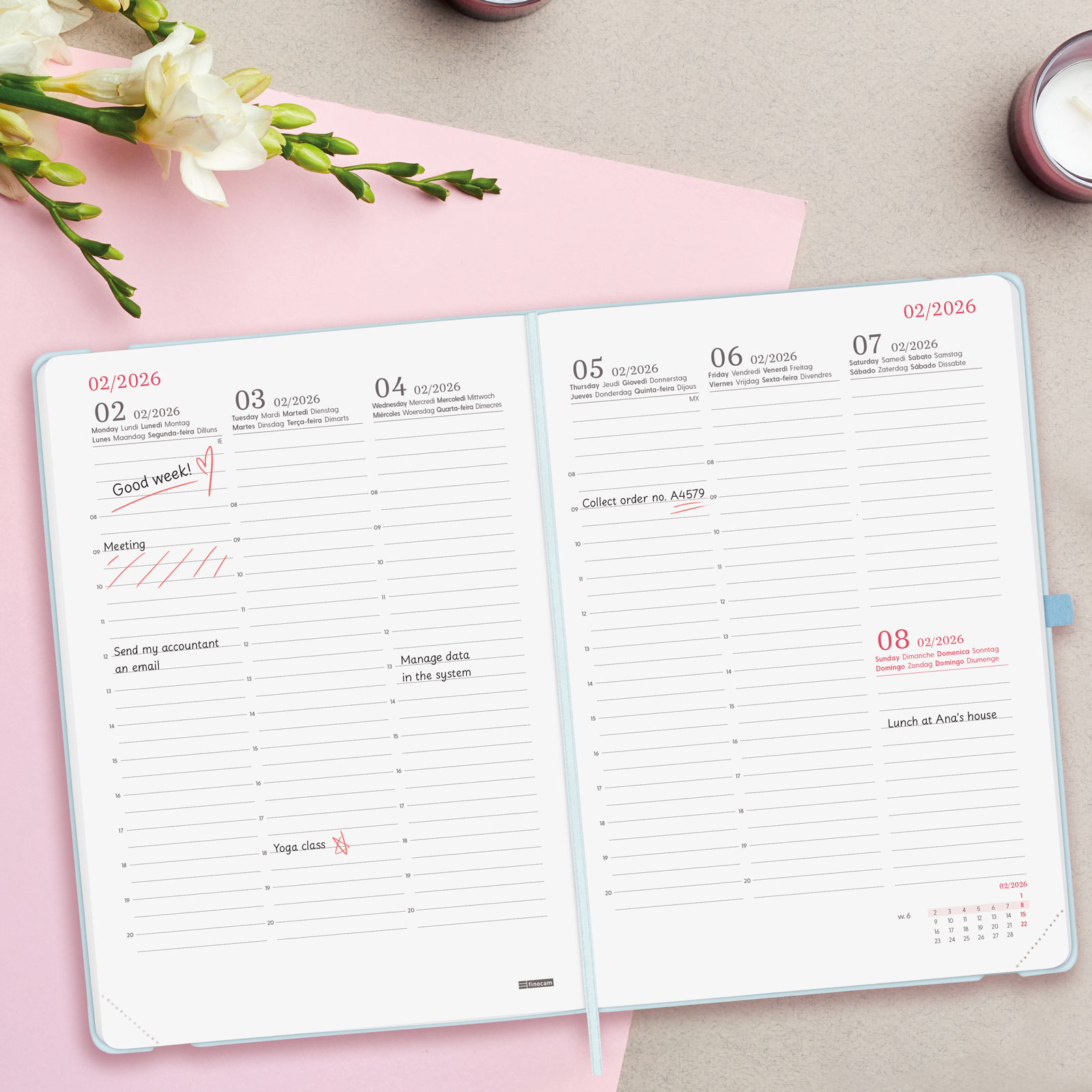 Agenda encuadernada año 2026 Capri FA5-148x210 mm Semana Vista Vertical Happy Finocam multicolor internacional multilingüe Multicolor-3