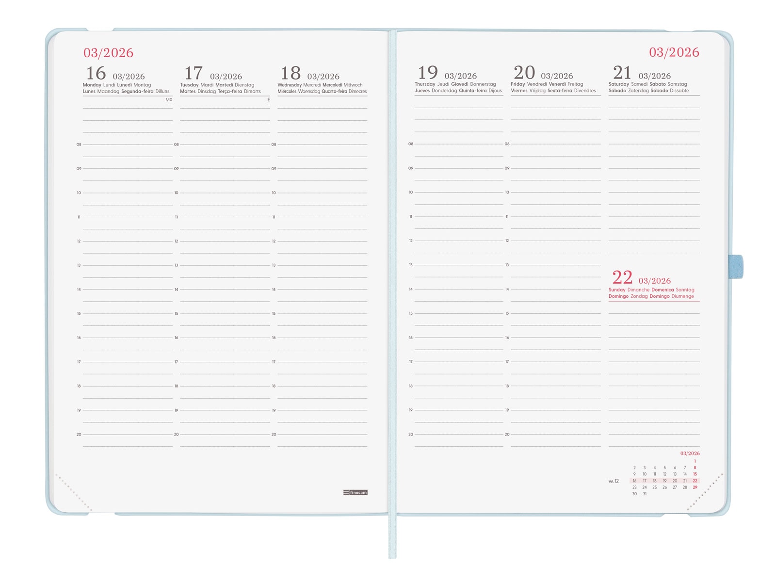 Agenda encuadernada año 2026 Capri FA5-148x210 mm Semana Vista Vertical Happy Finocam multicolor internacional multilingüe Multicolor-4