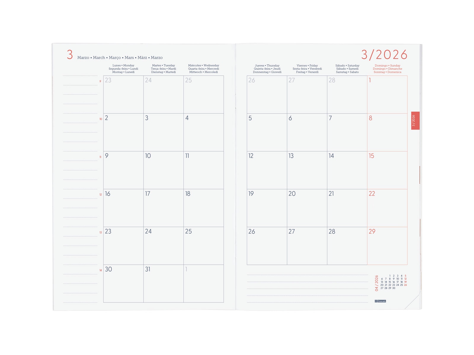 Agenda año 2026 Planificador Y11-165x240 mm Mes Vista Finocam gris internacional multilingüe Gris-4