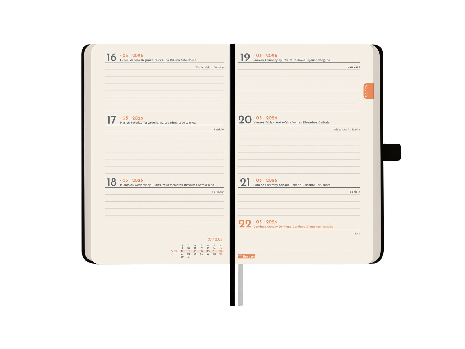 Agenda encuadernada año 2026 Mínimal Textura M2-82x127 mm Semana Vista Horizontal Finocam negro castellano multilingüe Negro-4