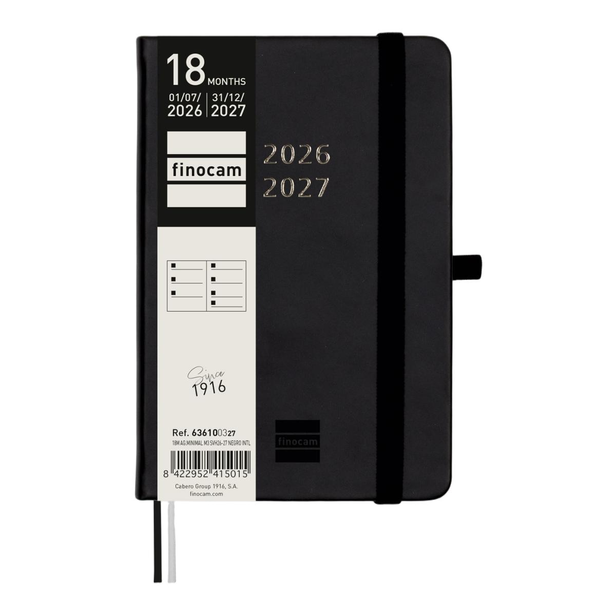 Agenda 18 meses julio 2026-diciembre 2027 Mínimal M3-100x150 mm semana vista horizontal Finocam negro internacional multilingüe Negro-2