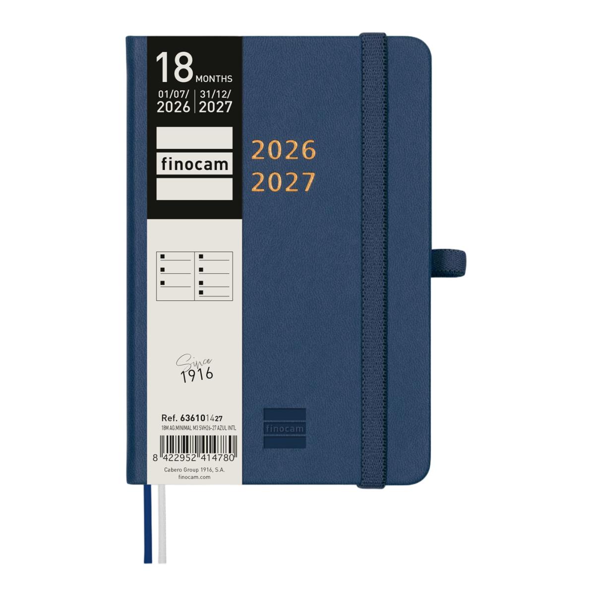 Agenda 18 meses julio 2026-diciembre 2027 Mínimal M3-100x150 mm semana vista horizontal Finocam azul internacional multilingüe Rojo-2
