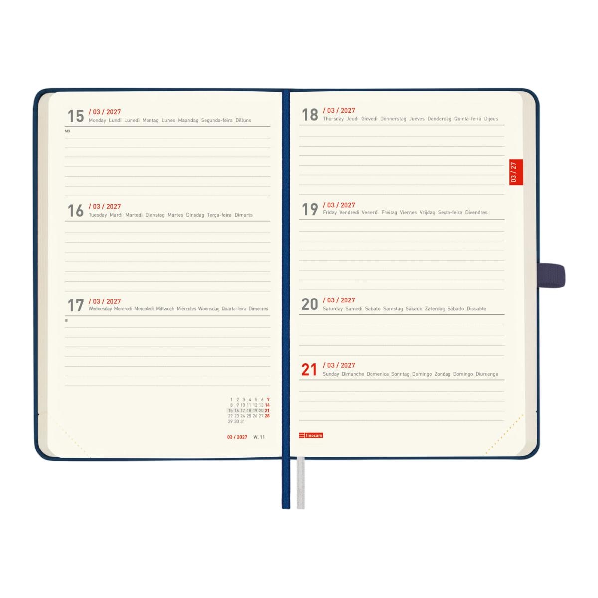 Agenda 18 meses julio 2026-diciembre 2027 Mínimal M3-100x150 mm semana vista horizontal Finocam azul internacional multilingüe Rojo-5