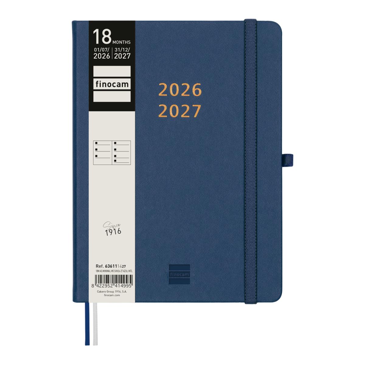 Agenda 18 meses julio 2026-diciembre 2027 Mínimal M5-140x190 mm semana vista horizontal Finocam azul internacional multilingüe Rojo-2