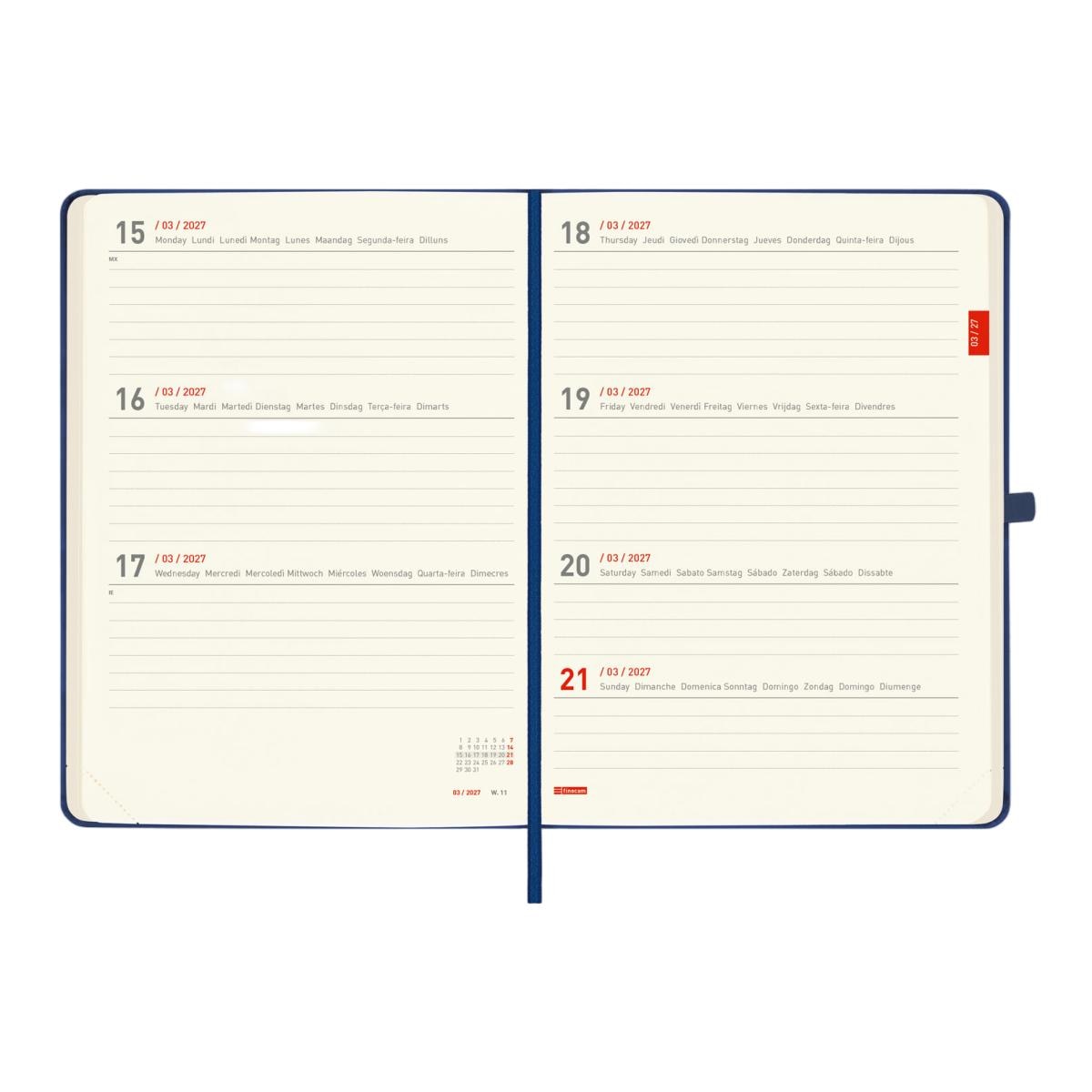 Agenda 18 meses julio 2026-diciembre 2027 Mínimal M5-140x190 mm semana vista horizontal Finocam azul internacional multilingüe Rojo-5