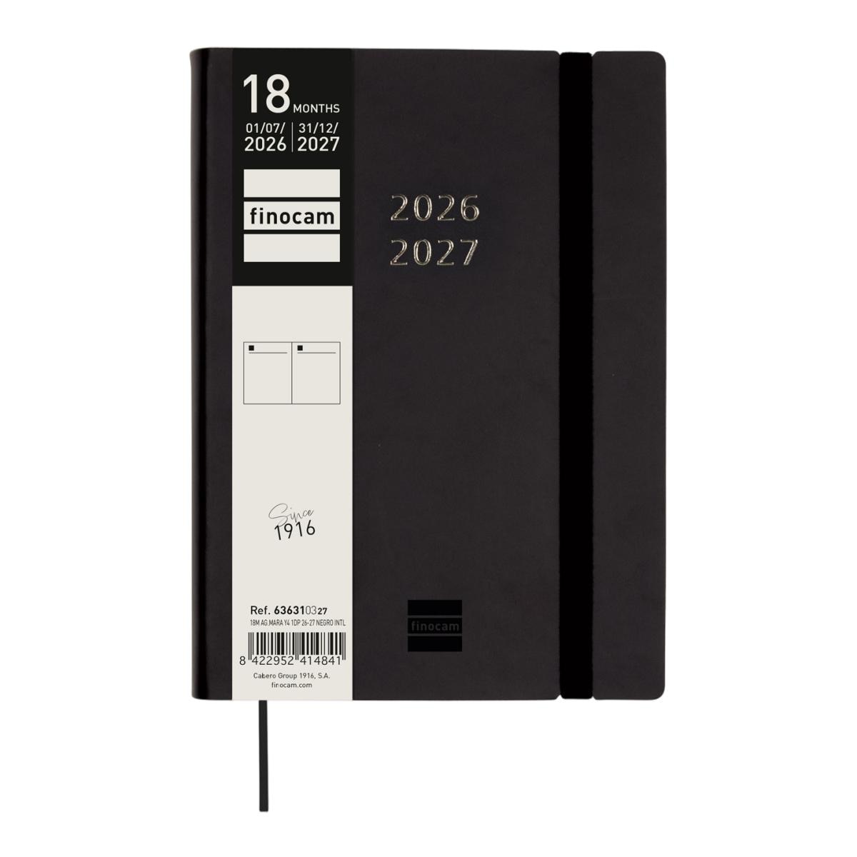 Agenda 18 meses julio 2026-diciembre 2027 Mara Y4-120x170 mm 1 día página Finocam negro internacional multilingüe 2