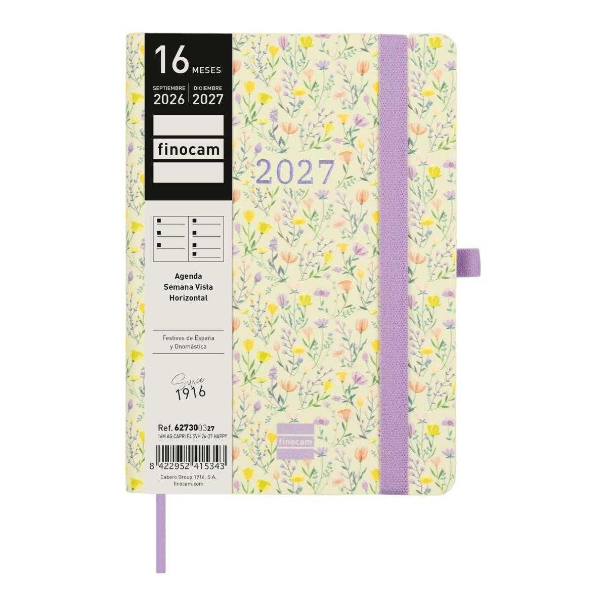 Agenda 16 meses septiembre 2026-diciembre 2027 Capri F4-118x168 mm semana vista horizontal Happy Finocam 2