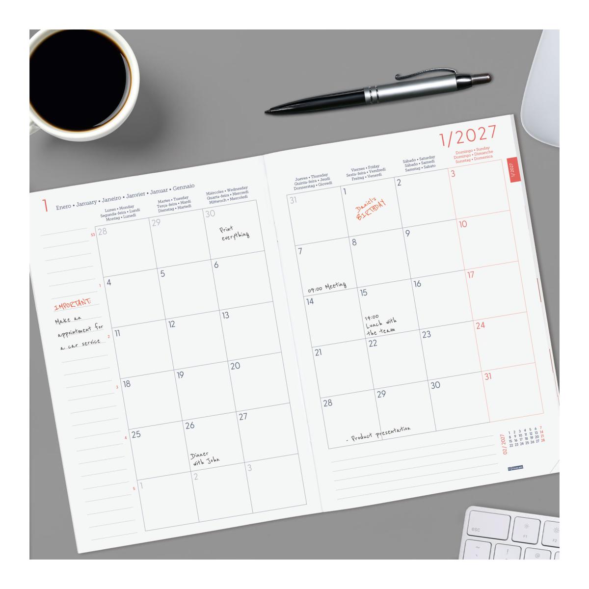 Agenda 2027 Planeador Y11-165x240 mm Mês Em Vista Finocam Cinzento Multilingue Cinzento-3