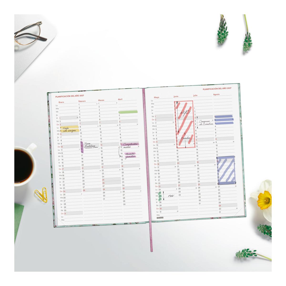 Imagen 4 de Agenda encuadernada año 2027 Dynamic Porto Design Y10-140x204 mm 1 Día Página Botanic Finocam multicolor castellano multilingüe Multicolor