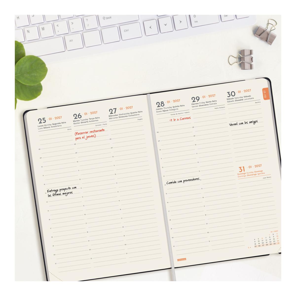 Agenda Encadernada 2027 Flexi Lisa FA5-148x210 mm Semanal Vertical Finocam Preto Multilingue Preto-3