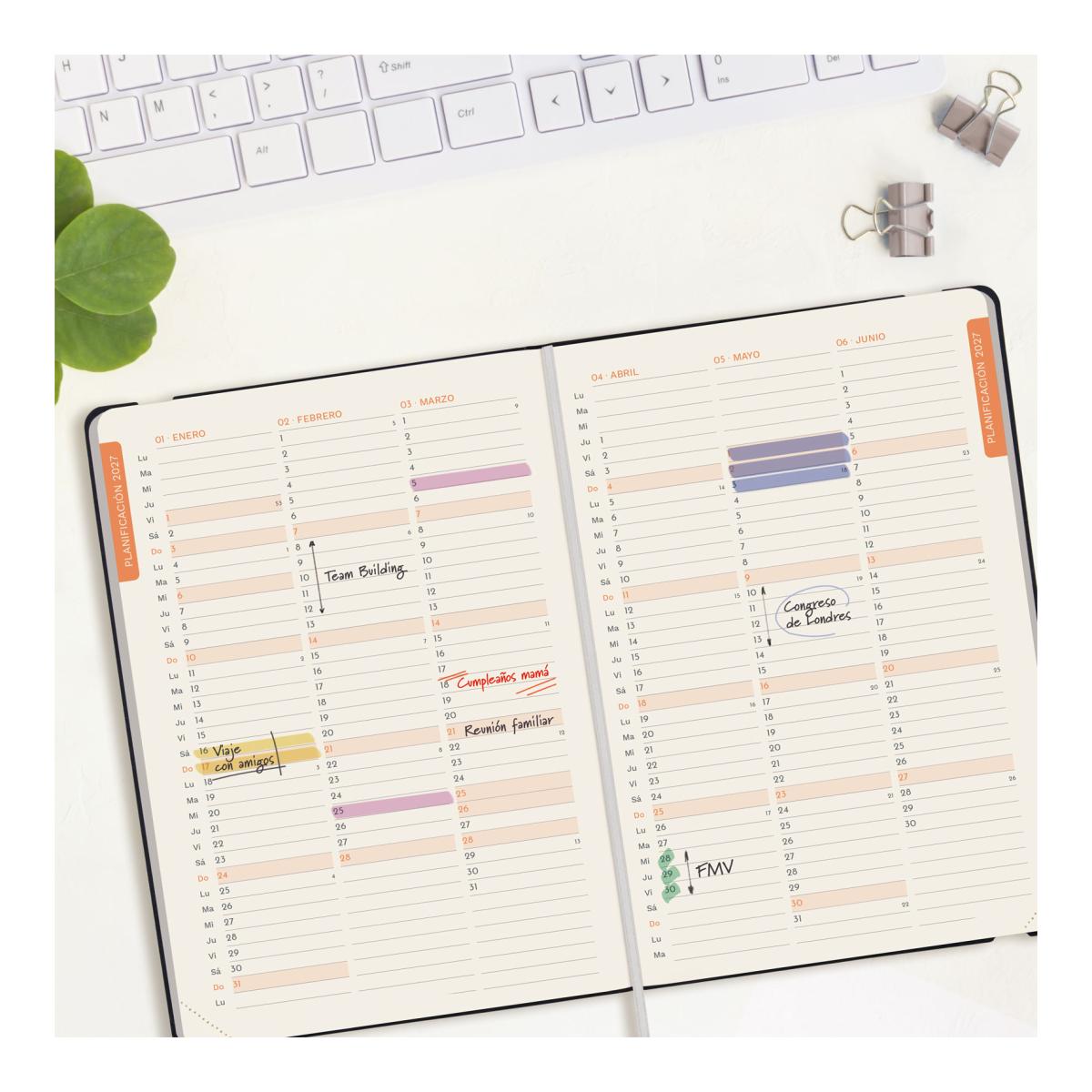Agenda Encadernada 2027 Flexi Lisa FA5-148x210 mm Semanal Vertical Finocam Preto Multilingue Preto-4