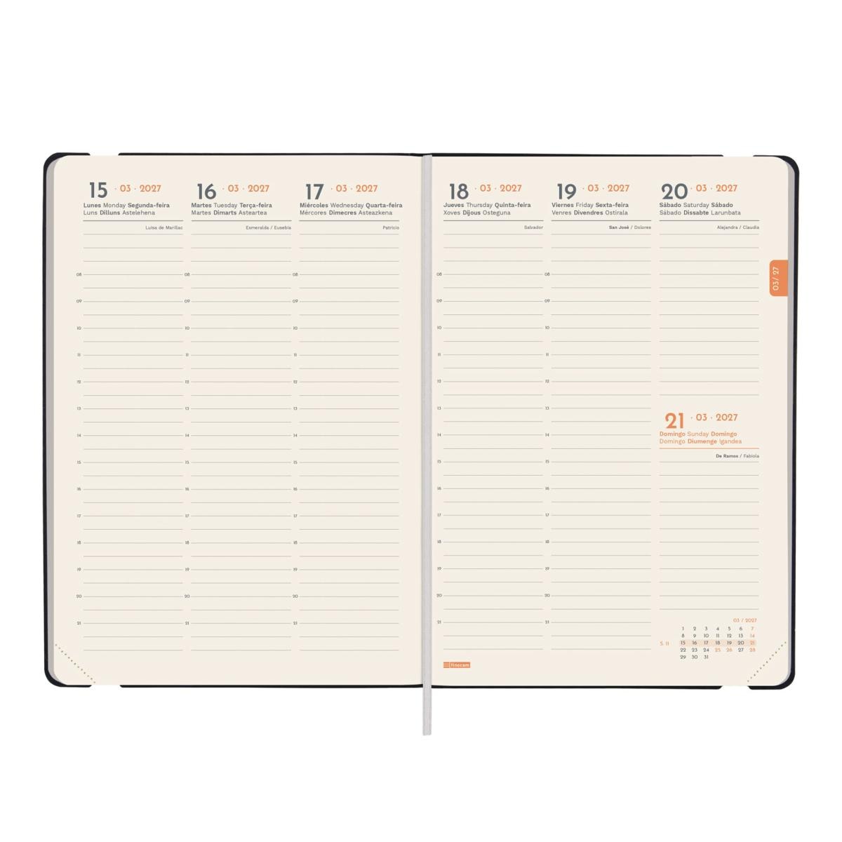 Agenda Encadernada 2027 Flexi Lisa FA5-148x210 mm Semanal Vertical Finocam Preto Multilingue Preto-5