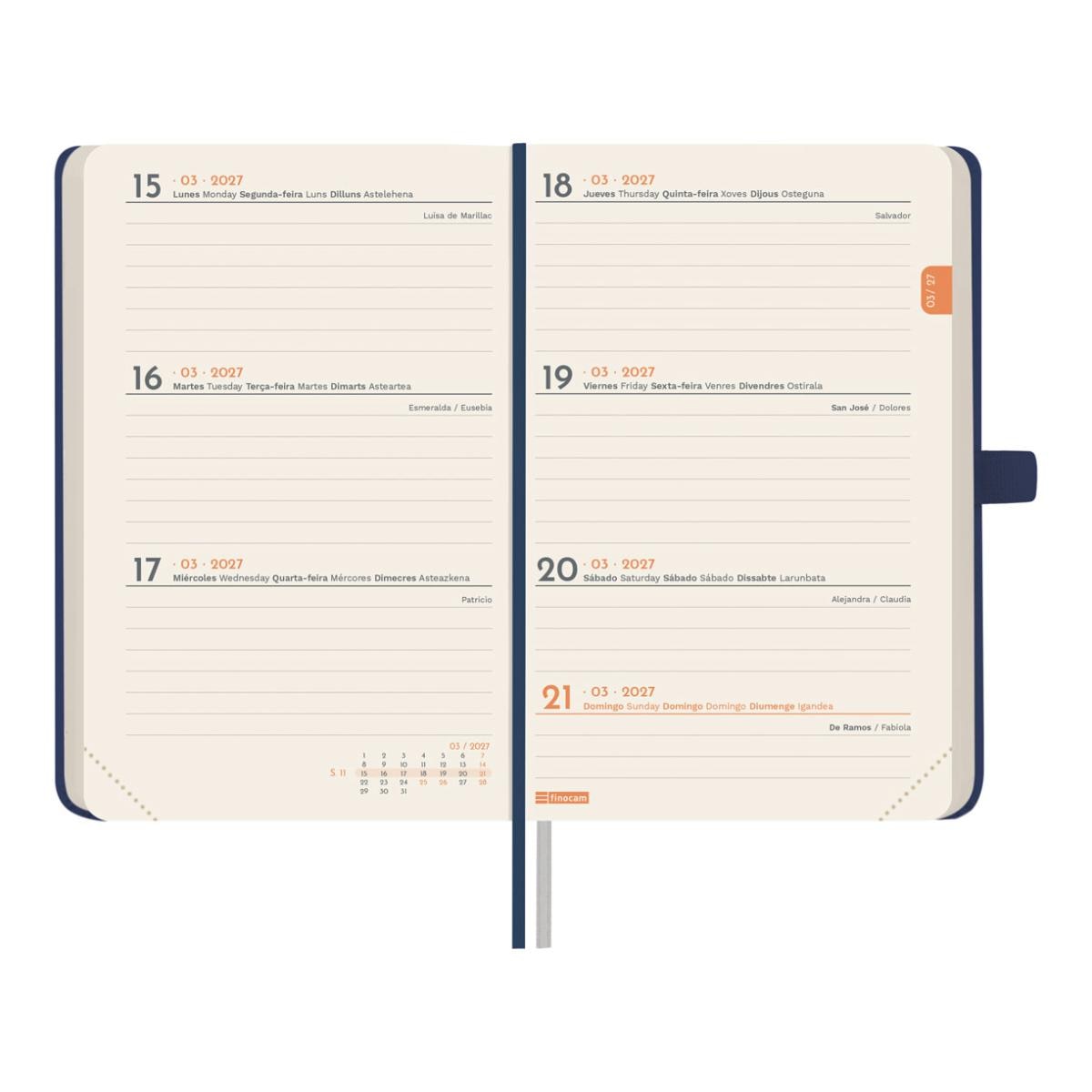 Agenda Encadernada 2027 Mínimal Textura M2-82x127 mm Semanal Horizontal Finocam Azul Multilingue Azul-2