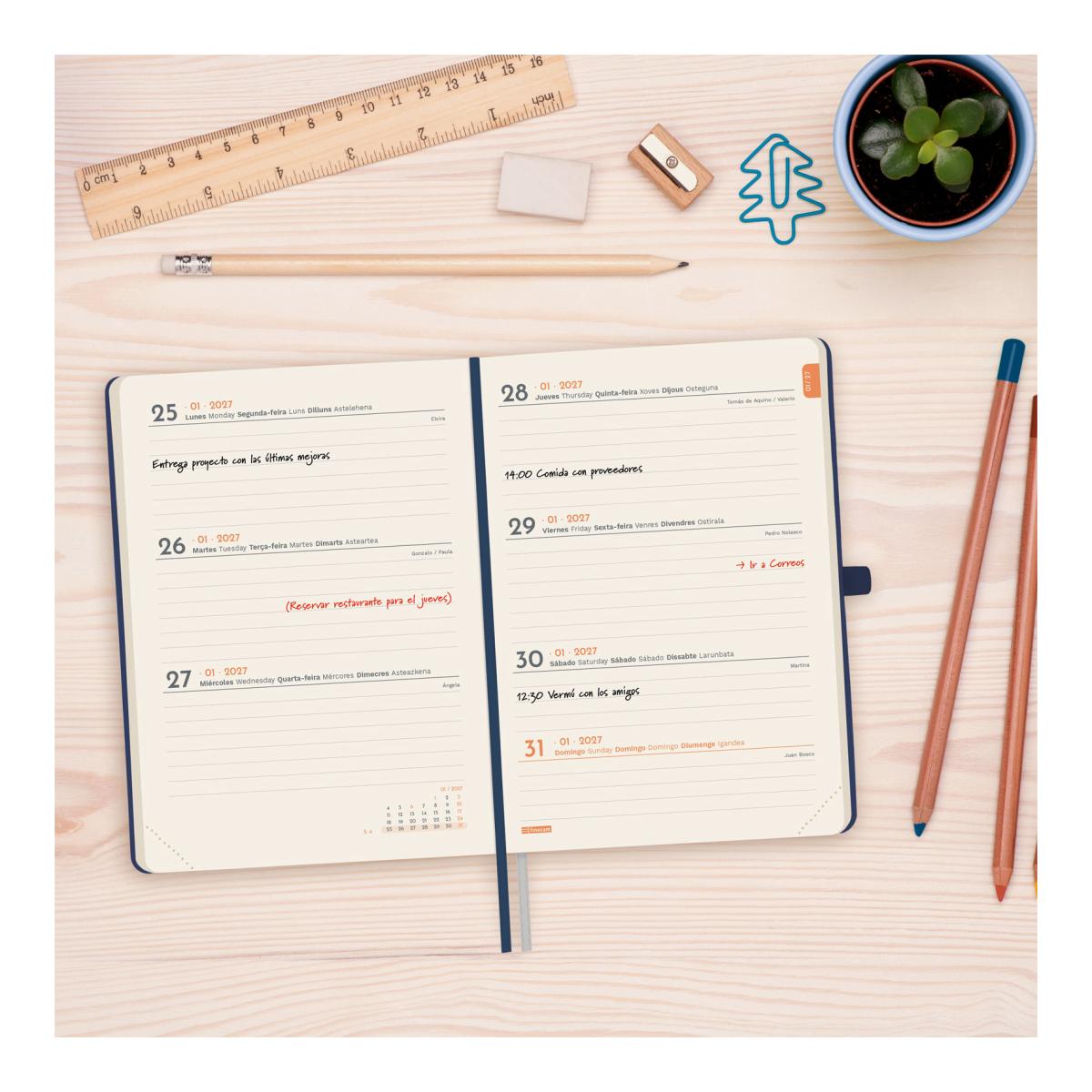 Agenda Encadernada 2027 Mínimal Textura M4-118x168 mm Semanal Horizontal Finocam Azul Multilingue Azul-3