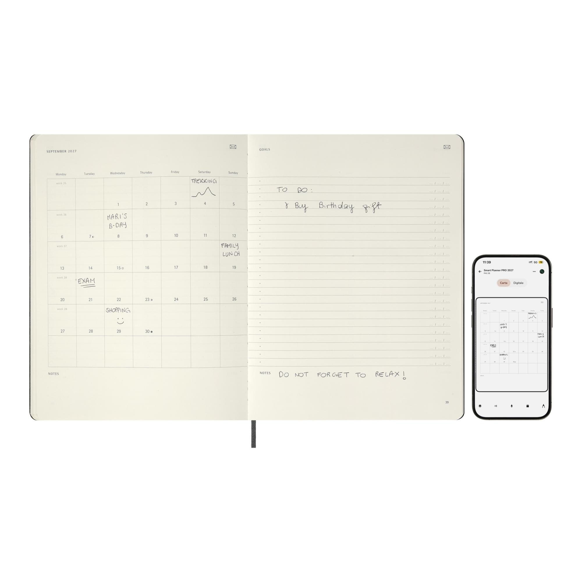 Agenda inteligente extragrande 2027 com visualização semanal, capa dura, Moleskine preta, em inglês Preto-5