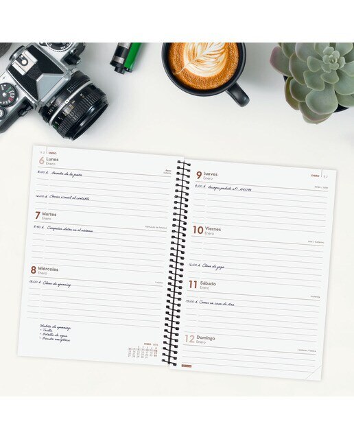 Agenda ano 2025 Espiral Basics Opaque E10-155x212 mm semana vista horizontal Finocam castanho Castanho-3