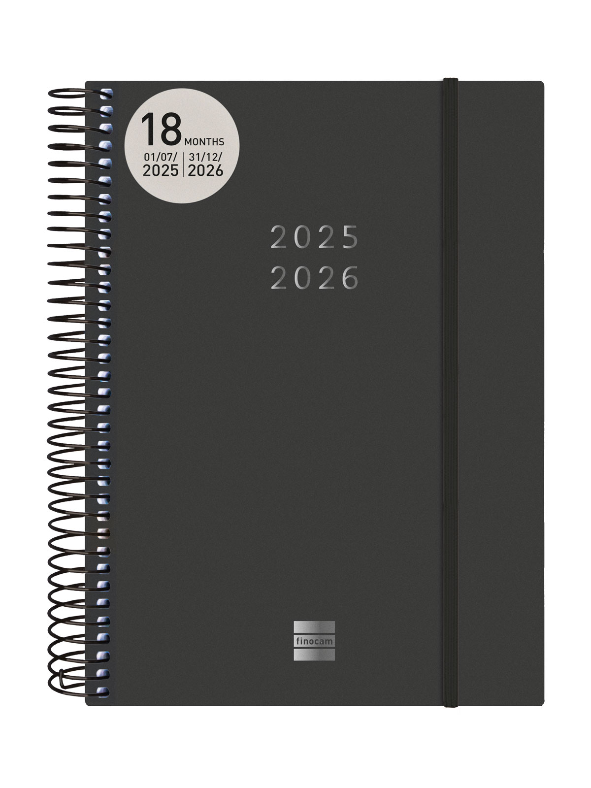 Agenda 18 meses julio 2025-diciembre 2026 espiral E10-155x212 mm 2 días página Finocam negro internacional multilingüe Negro-2