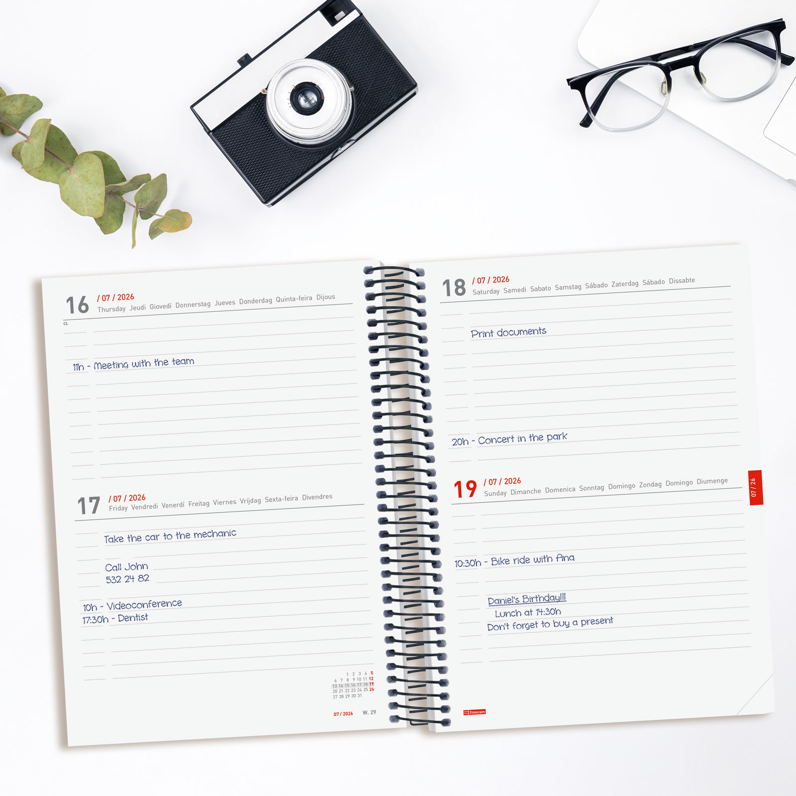 Agenda 18 meses julio 2025-diciembre 2026 espiral E10-155x212 mm 2 días página Finocam negro internacional multilingüe Negro-4