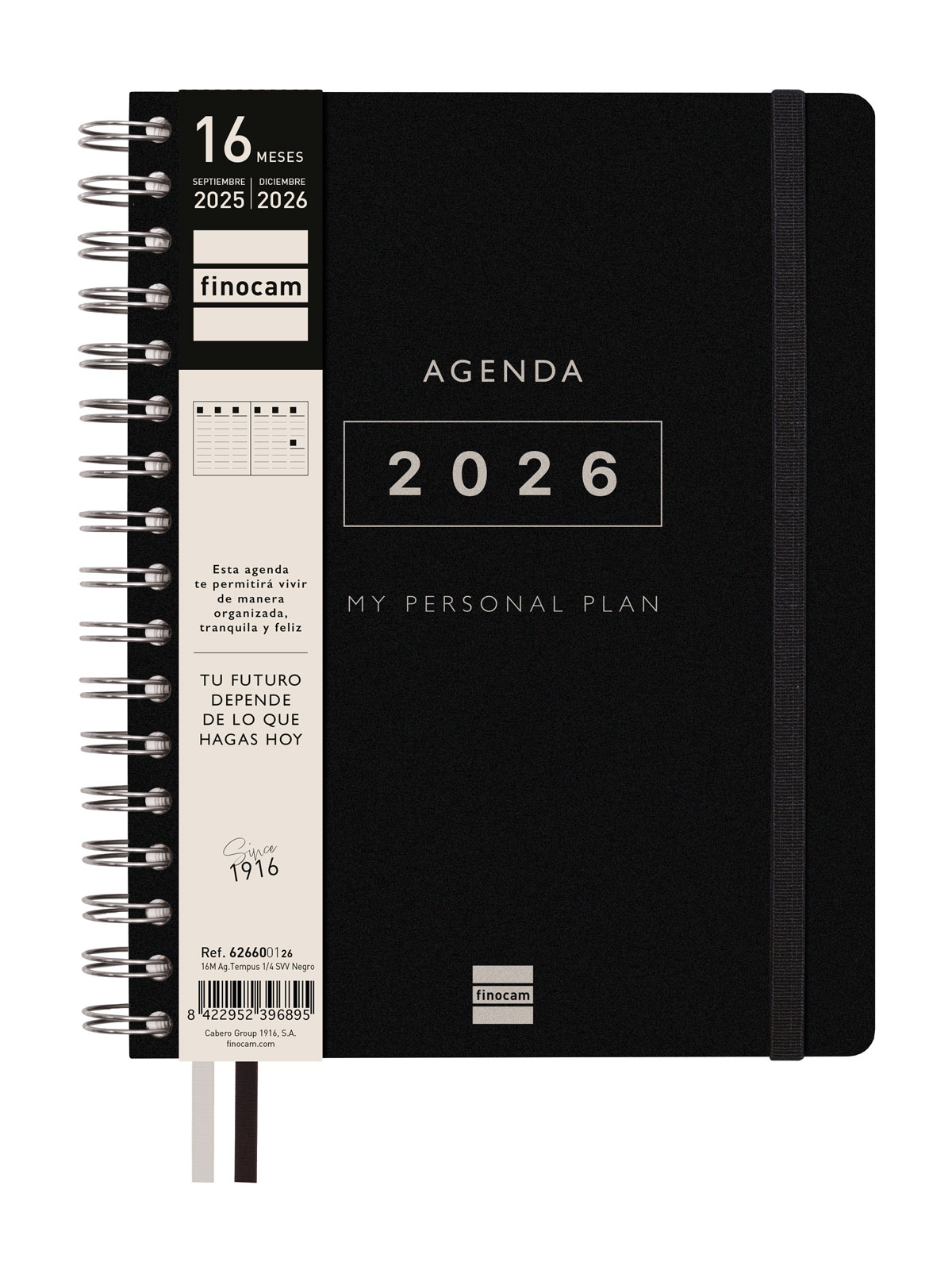 Agenda 16 meses septiembre 2025-diciembre 2026 Tempus 1/4-155x217 mm semana vista vertical Finocam negro multilingüe Negro-2