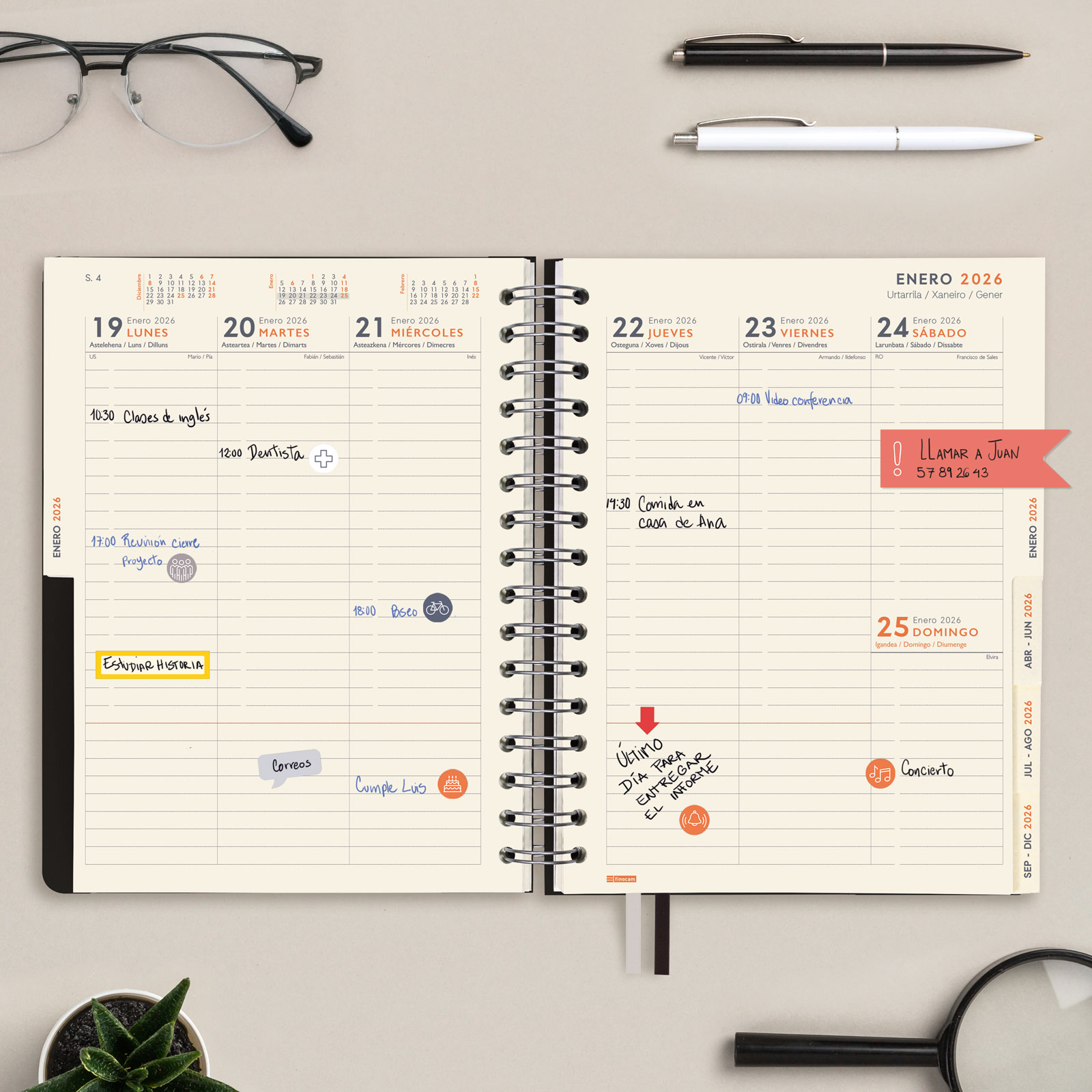Agenda 16 meses septiembre 2025-diciembre 2026 Tempus 1/4-155x217 mm semana vista vertical Finocam negro multilingüe Negro-6