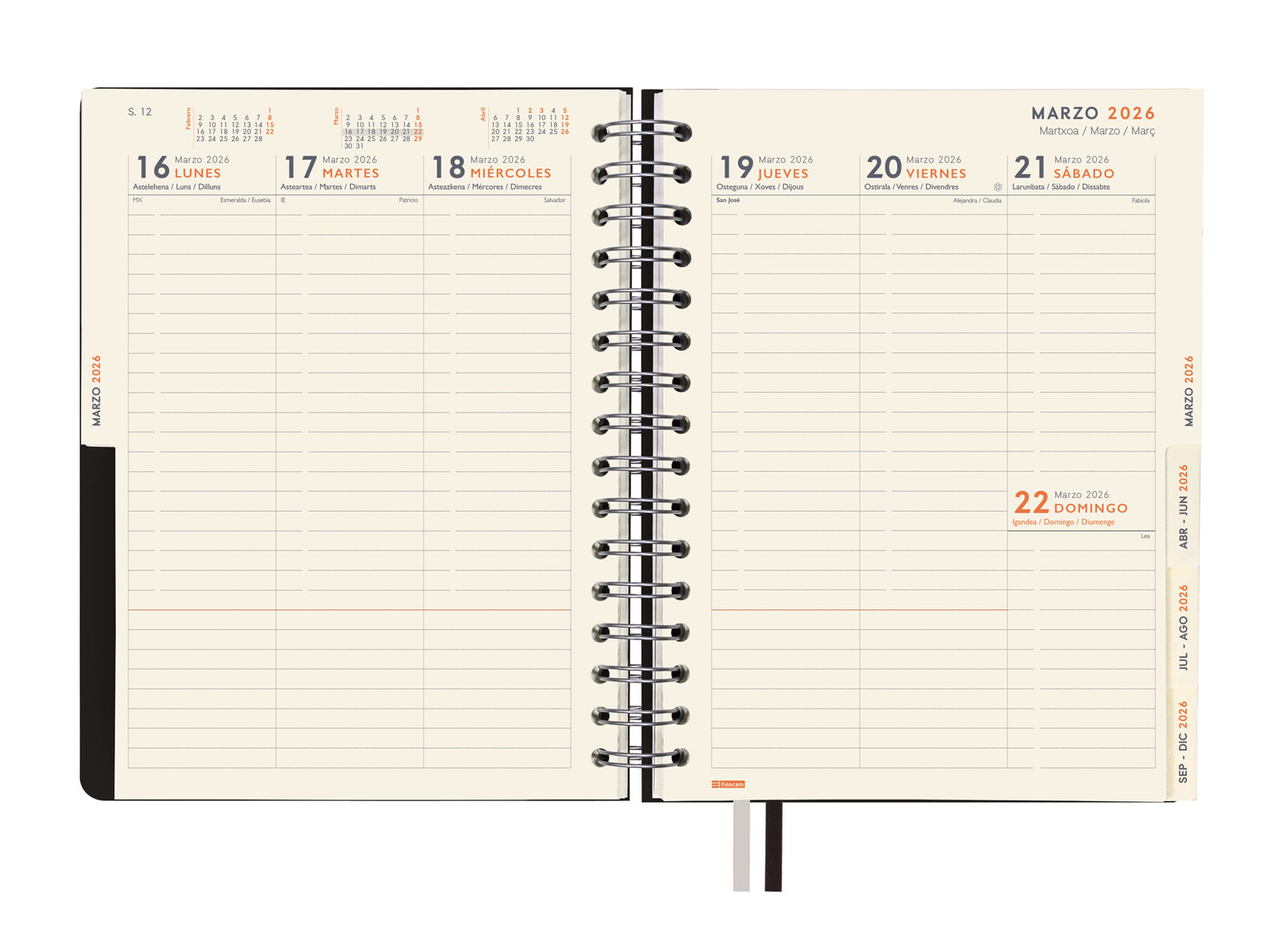 Agenda 16 meses septiembre 2025-diciembre 2026 Tempus 1/4-155x217 mm semana vista vertical Finocam negro multilingüe Negro-11