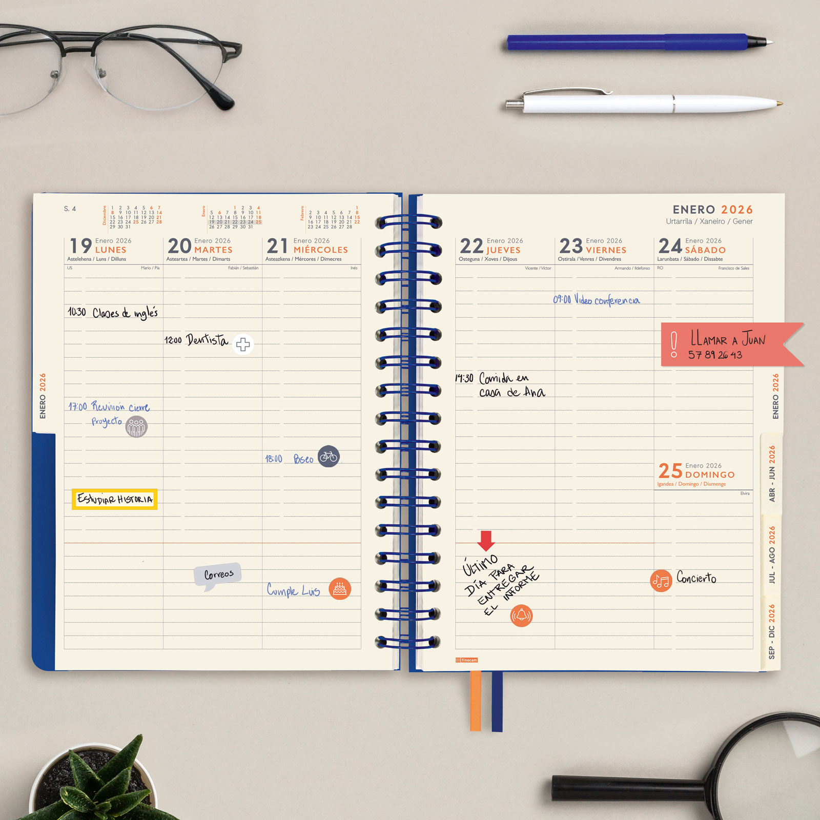 Agenda 16 meses septiembre 2025-diciembre 2026 Tempus 1/4-155x217 mm semana vista vertical Finocam azul multilingüe Azul-6