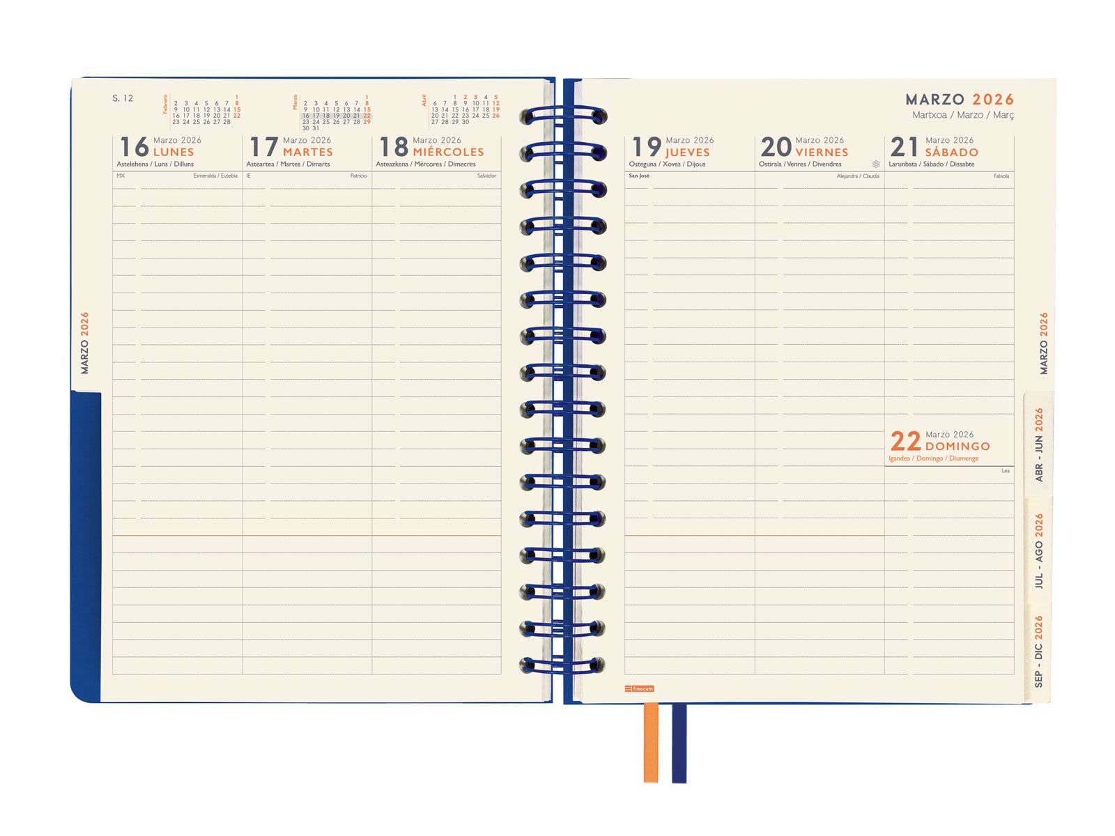 Agenda 16 meses septiembre 2025-diciembre 2026 Tempus 1/4-155x217 mm semana vista vertical Finocam azul multilingüe Azul-11