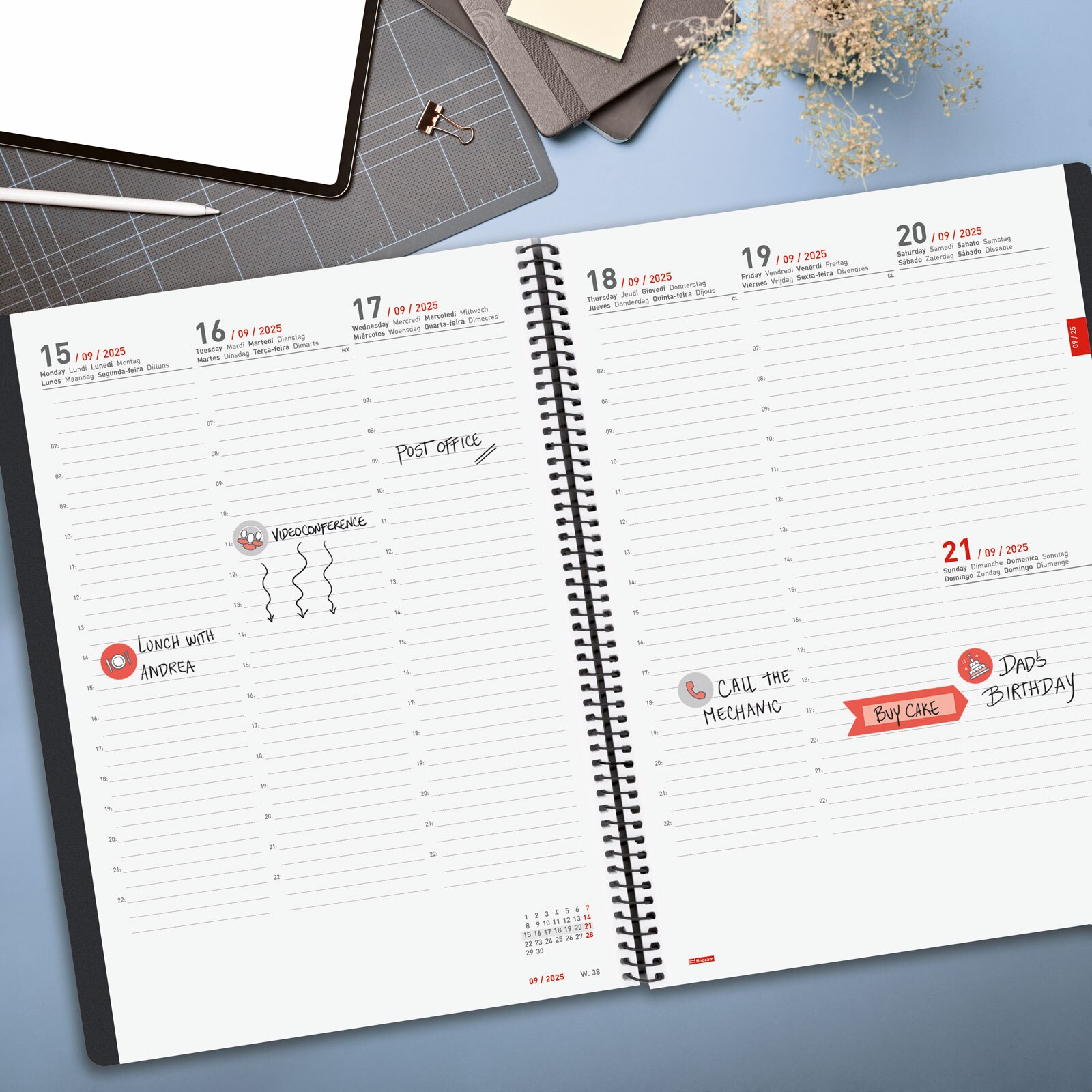 Agenda 16 meses septiembre 2025-diciembre 2026 Ikon E40-210x297 mm semana vista vertical Finocam negro internacional multilingüe Negro-4