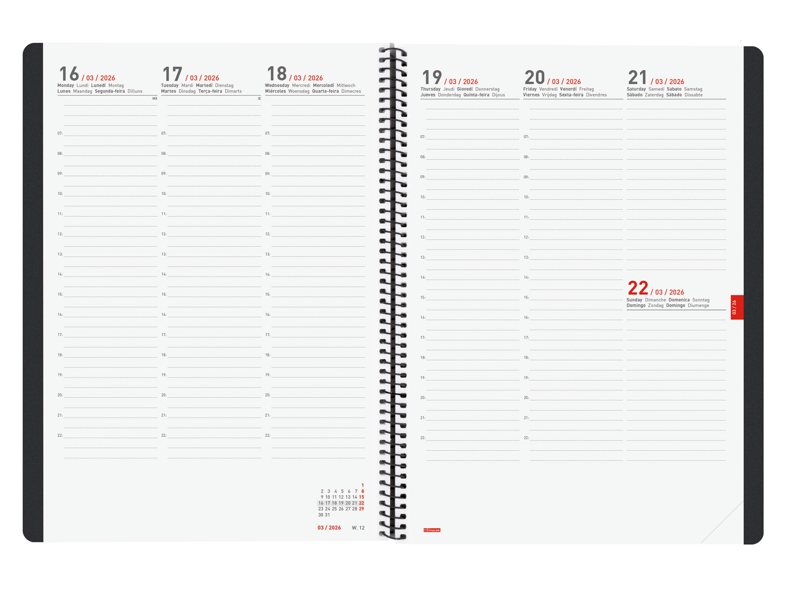 Agenda 16 meses septiembre 2025-diciembre 2026 Ikon E40-210x297 mm semana vista vertical Finocam negro internacional multilingüe Negro-5