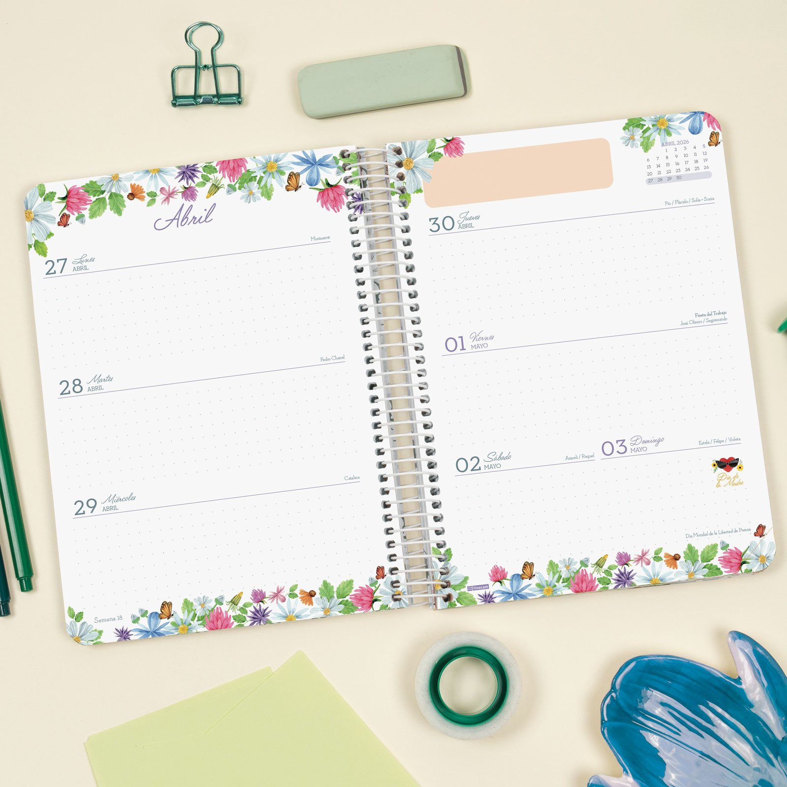 Agenda 16 meses septiembre 2025-diciembre 2026 Cloe E10-155x212 mm semana vista horizontal Finocam verde Verde-4