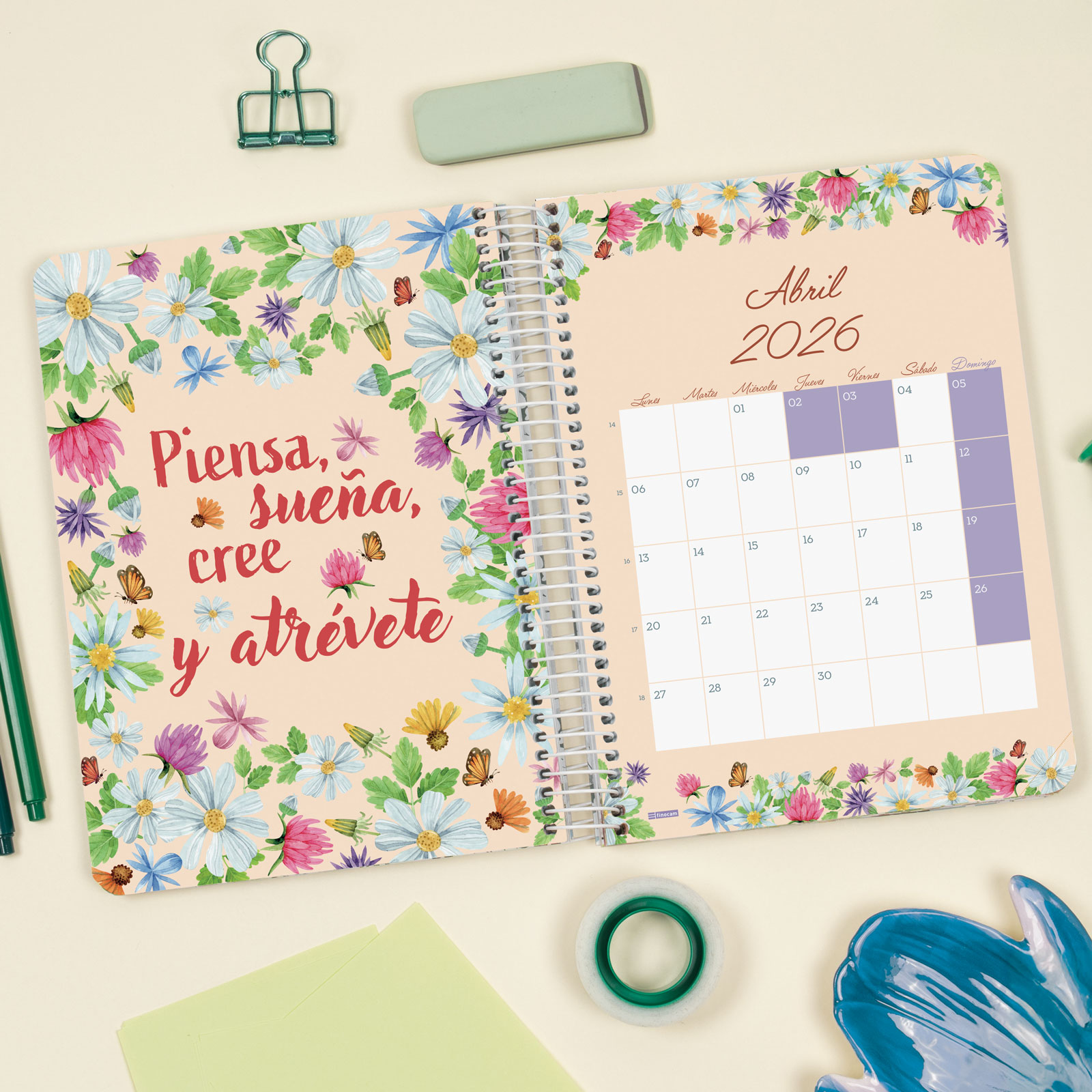 Agenda 16 meses septiembre 2025-diciembre 2026 Cloe E10-155x212 mm semana vista horizontal Finocam verde Verde-5