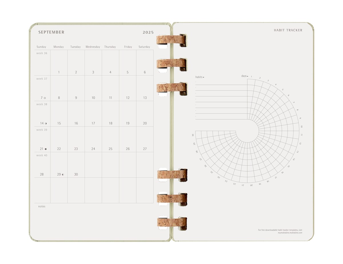 Agenda espiral grande académica de julho de 2025 a junho de 2026, vista semanal e mensal, capa dura Moleskine verde kiwi  em inglês 5