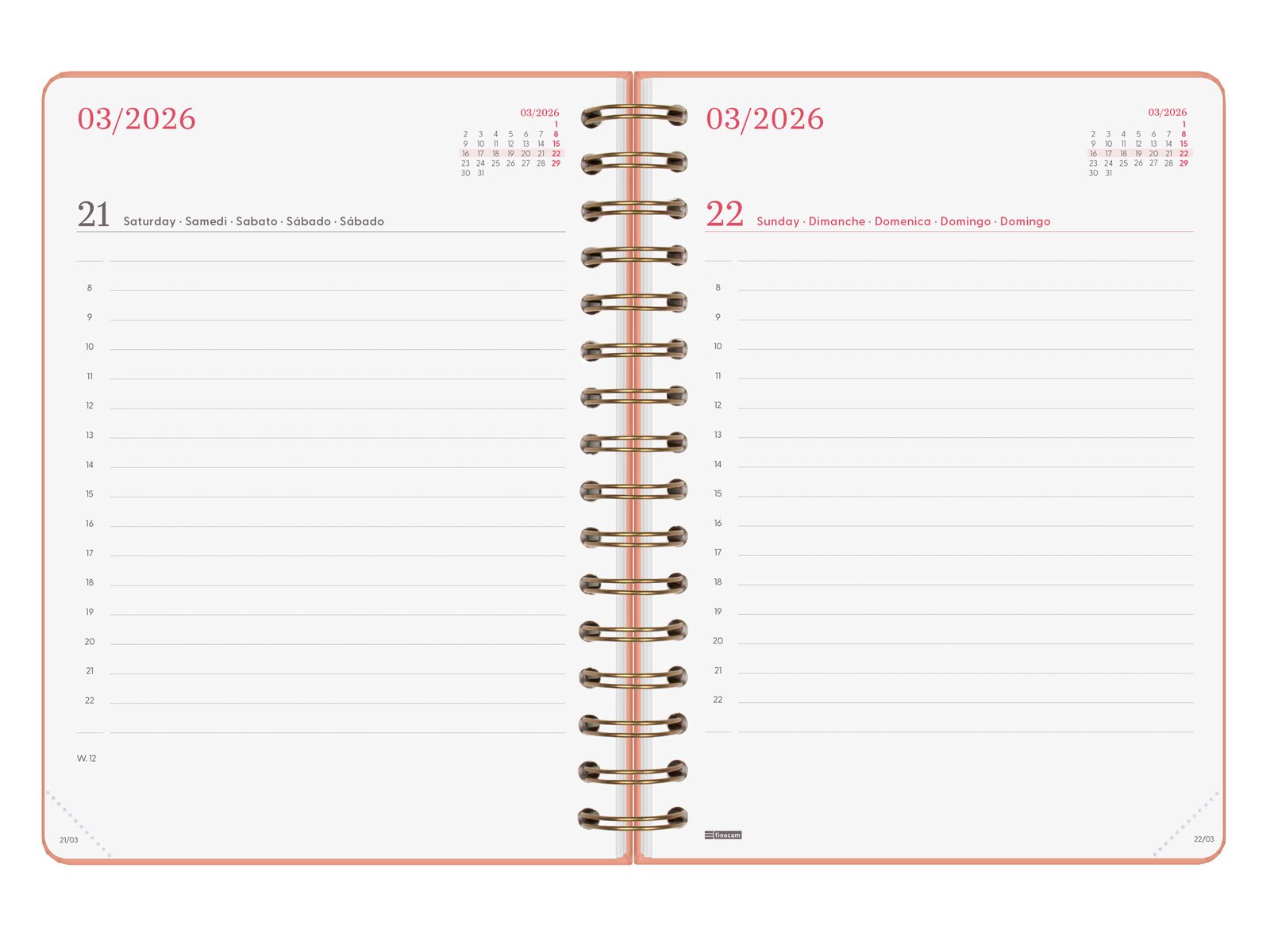 Agenda espiral doble año 2026 Trendy Alma E10-155x212 mm 1 Día Página Finocam coral internacional multilingüe 5