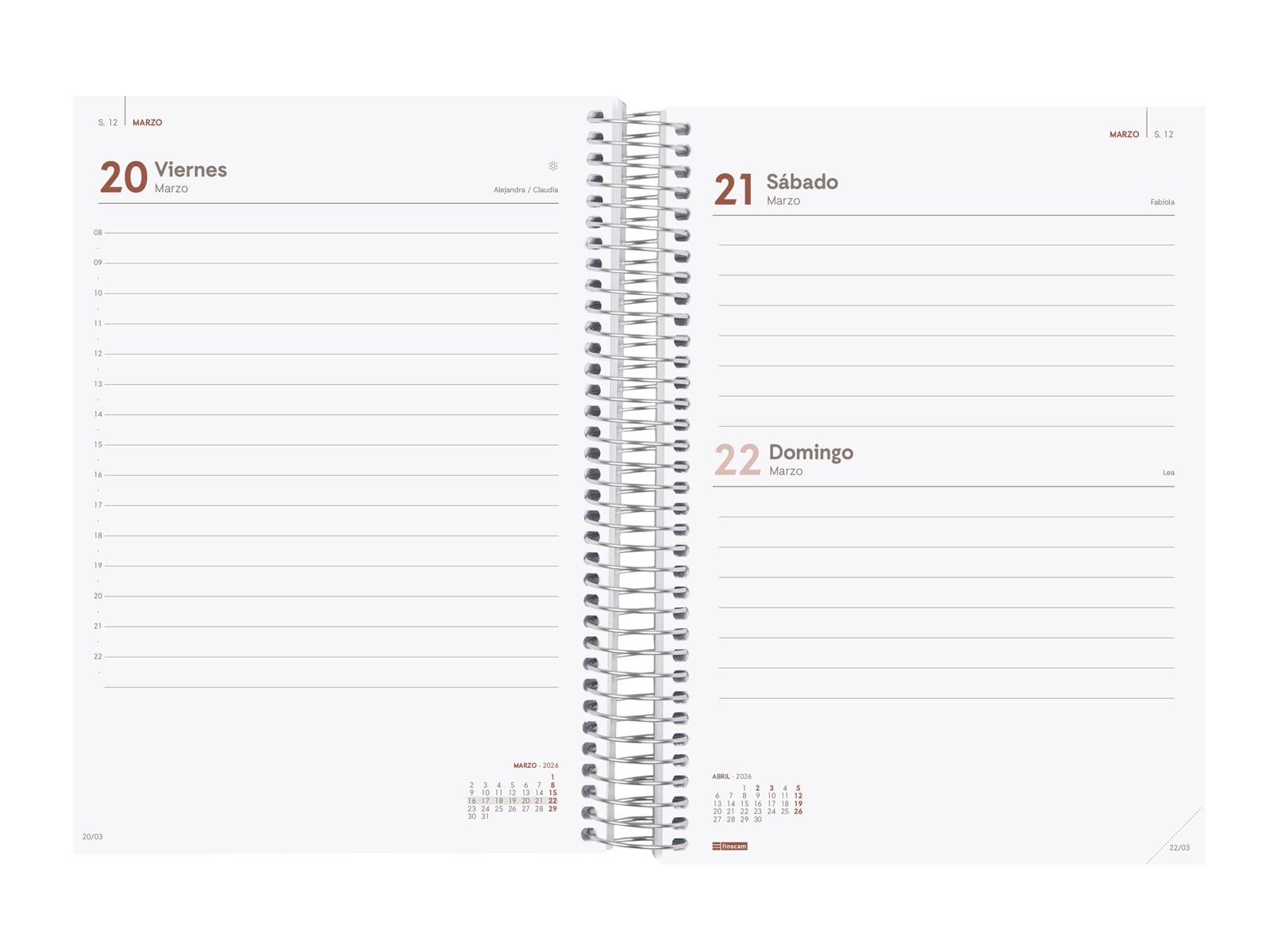 Agenda espiral año 2026 E10-155x212 mm 1 Día Página Finocam Celeste castellano 2