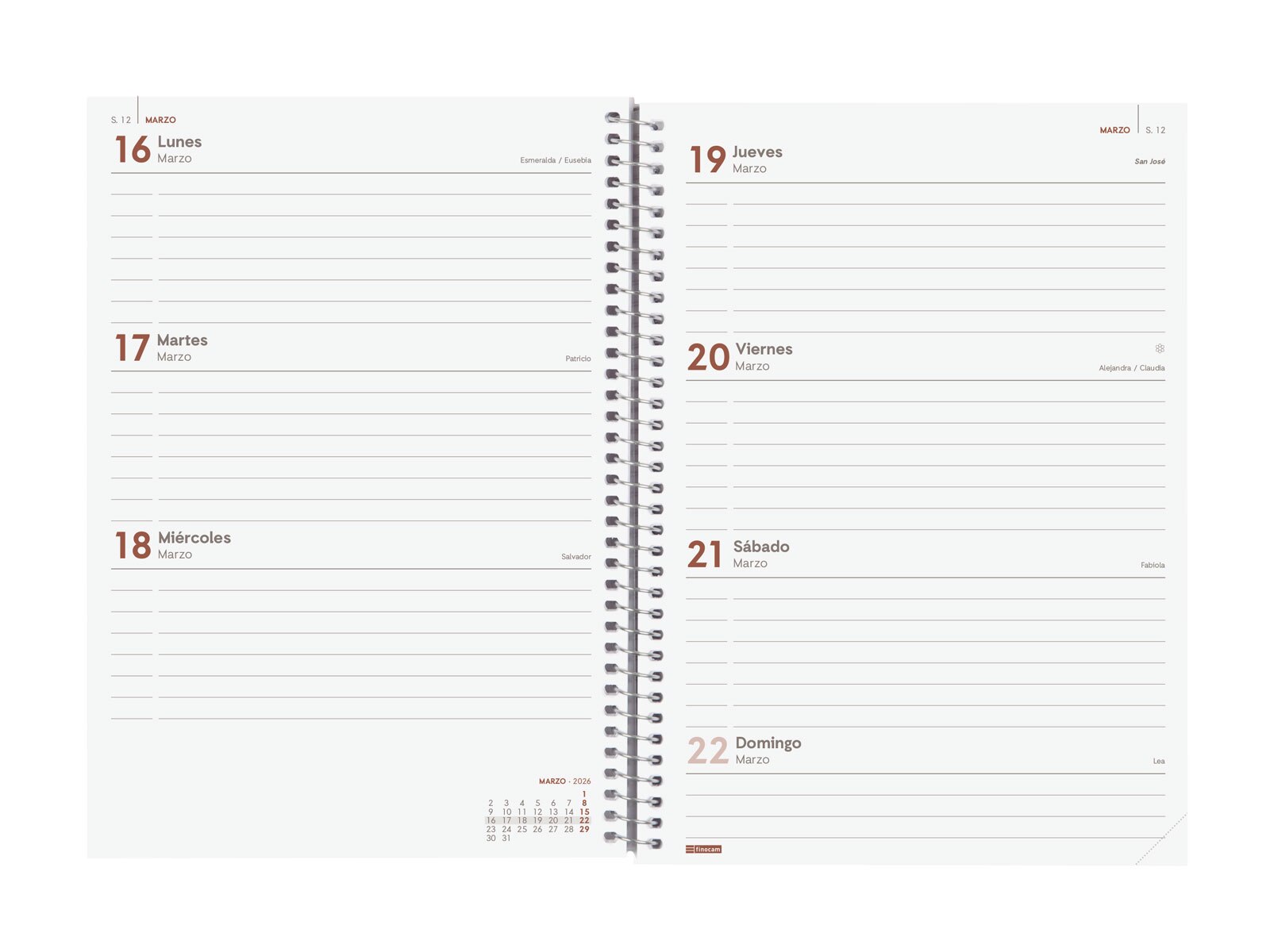 Agenda espiral año 2026 E10-155x212 mm Semana Vista Horizontal Finocam Verde castellano Celeste-2