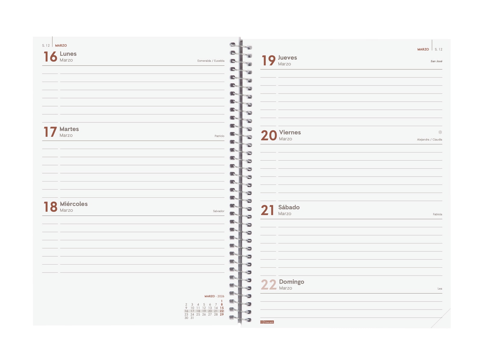 Agenda espiral año 2026 E10-155x212 mm Semana Vista Horizontal Finocam Rosa castellano Negro-2