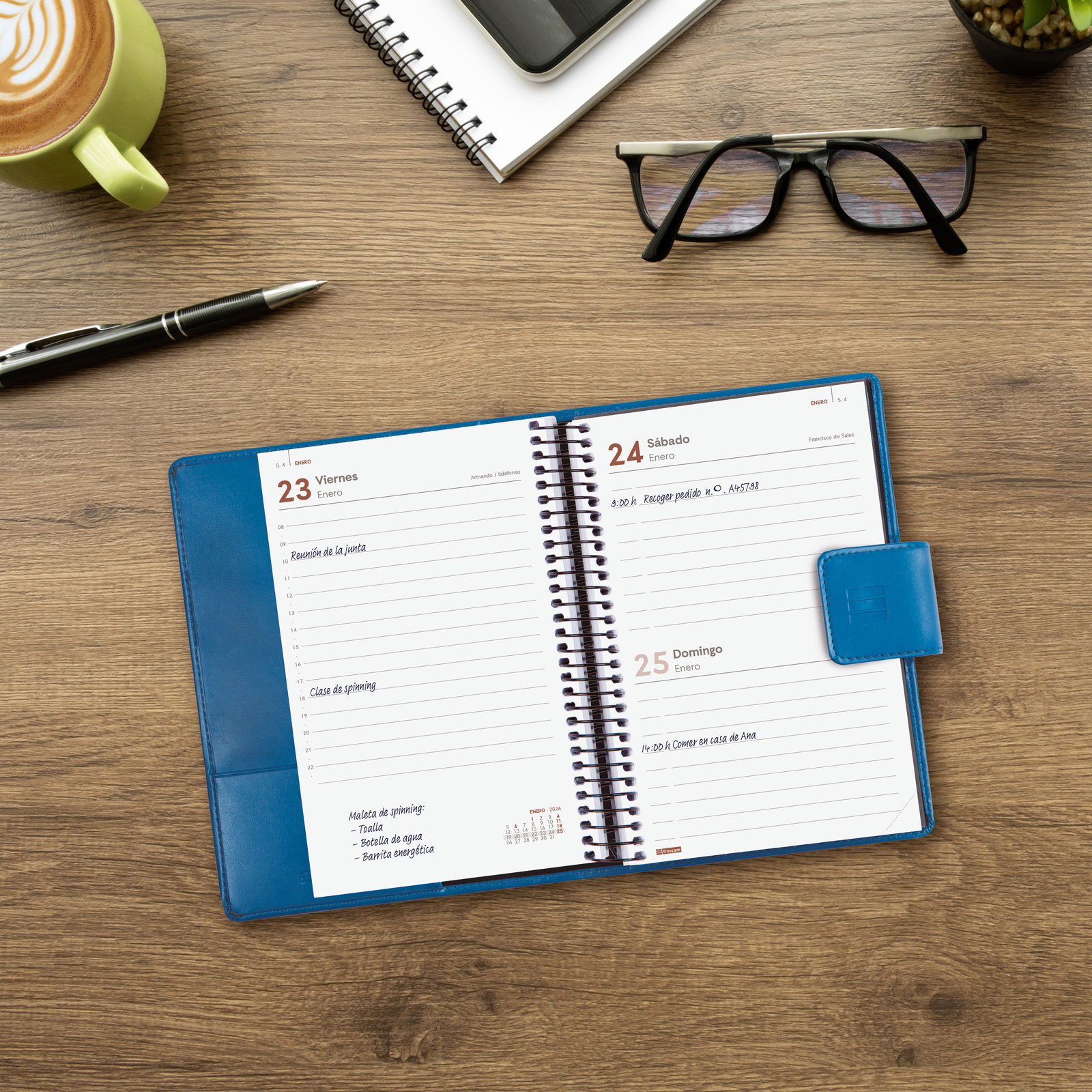 Agenda espiral con sobrecubierta y bloc de notas año 2026 Duouno E5-117x181 mm 1 Día Página Finocam azul castellano 3