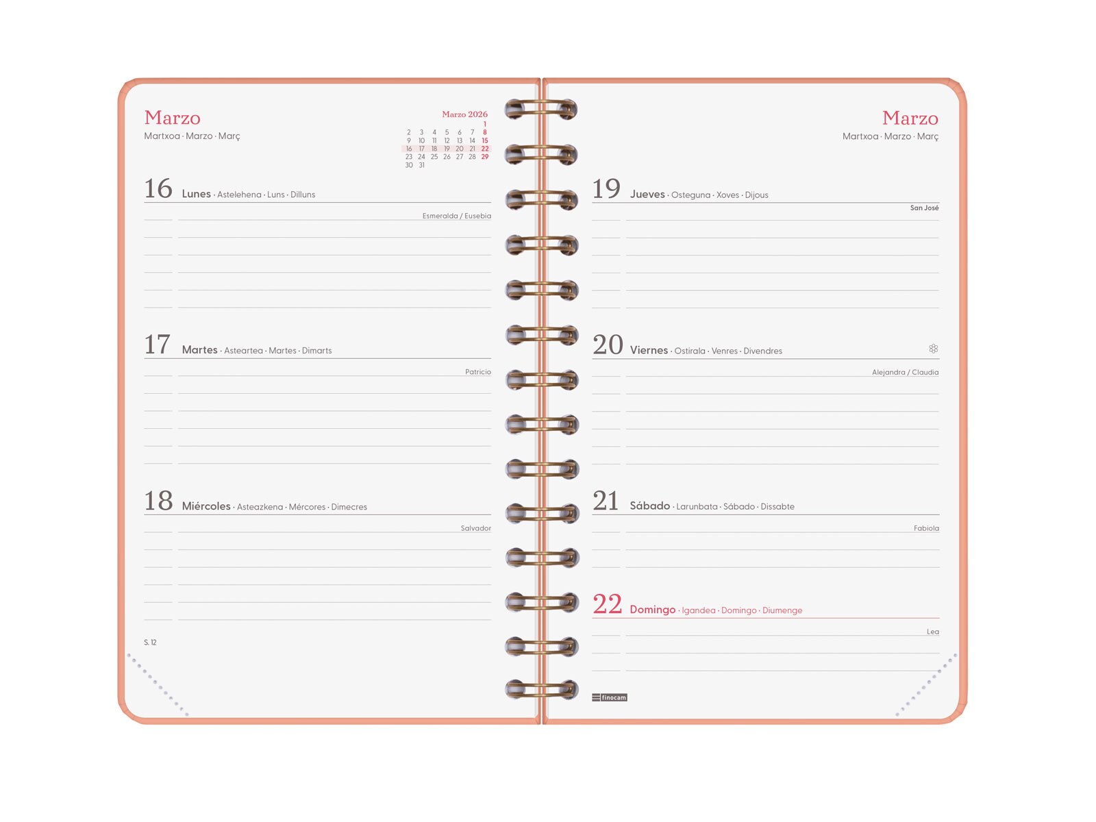 Agenda espiral doble año 2026 Trendy Alma E5-117x181 mm Semana Vista Horizontal Finocam coral castellano multilingüe Coral-5
