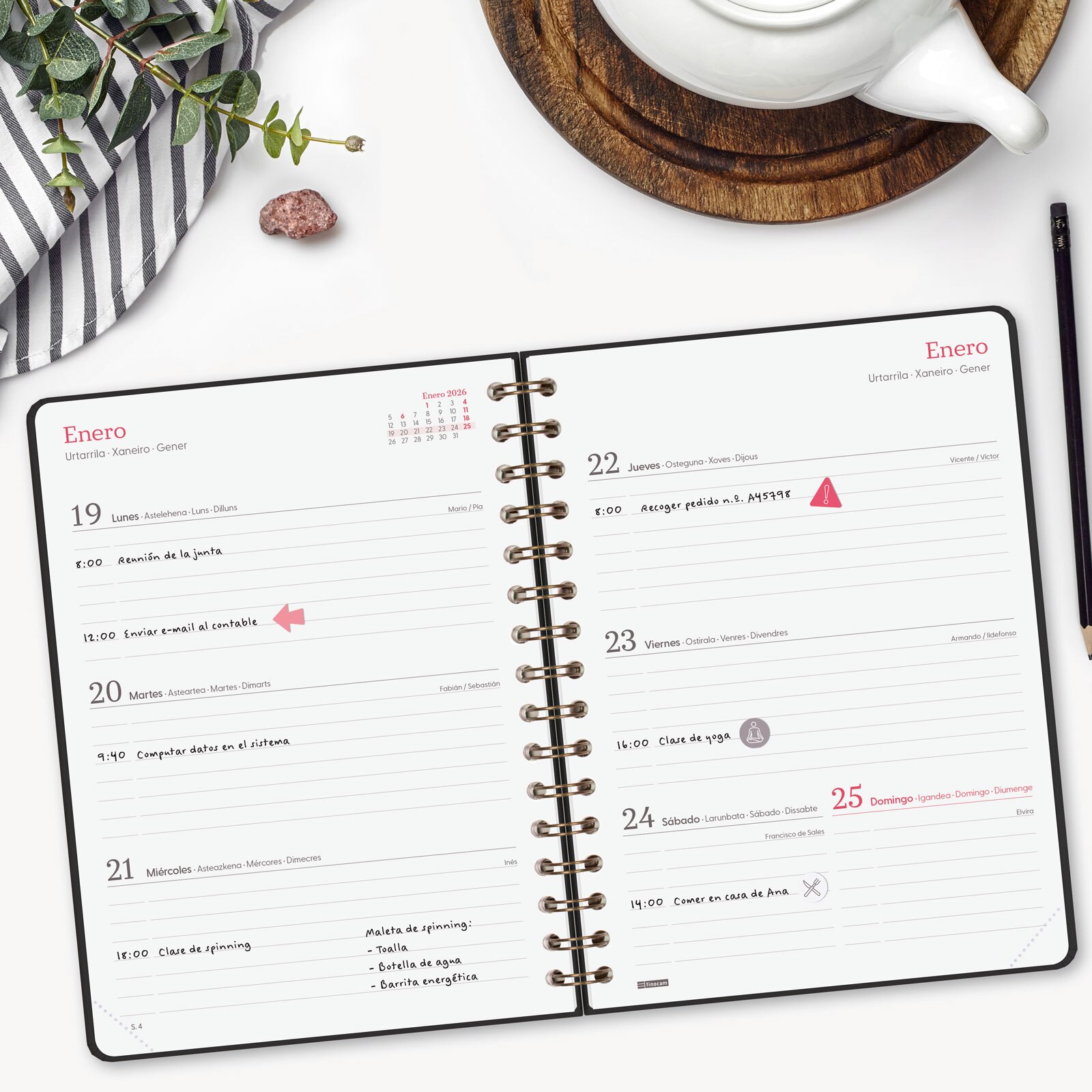 Agenda espiral doble año 2026 Trendy Alma E10-155x212 mm Semana Vista Horizontal Finocam negro castellano multilingüe Negro-3