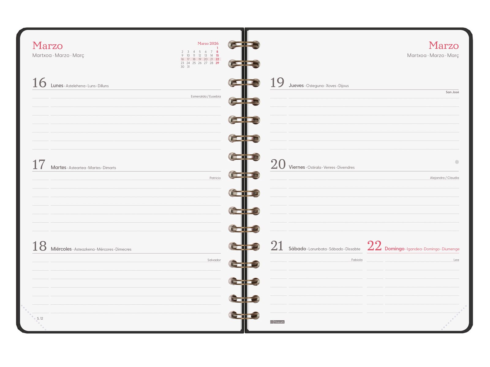 Agenda espiral doble año 2026 Trendy Alma E10-155x212 mm Semana Vista Horizontal Finocam negro castellano multilingüe Negro-5